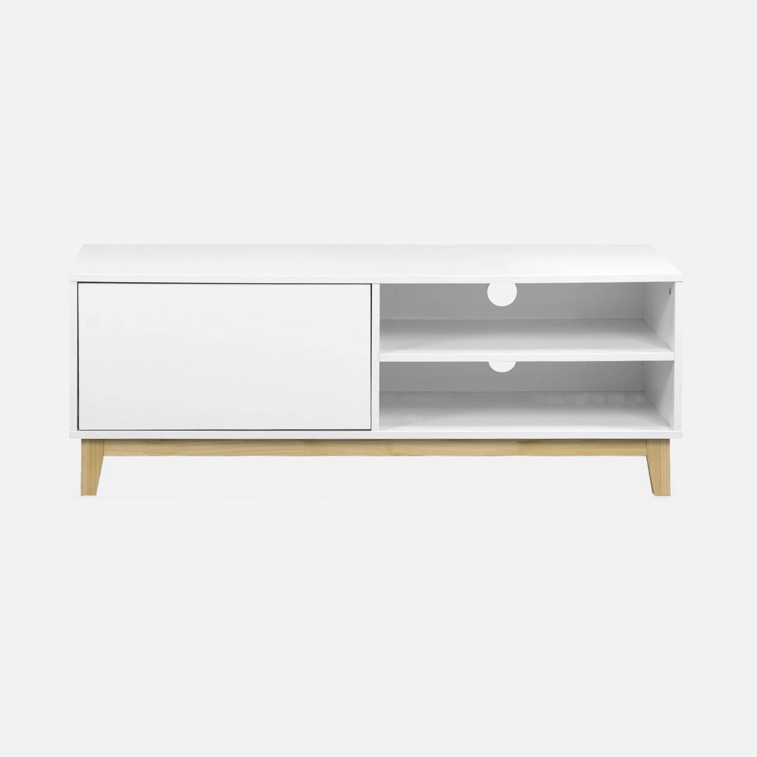 Meuble TV scandinave blanc - Floki - 1 tiroir, pieds en bois de sapin, 120x40x45cm Photo4