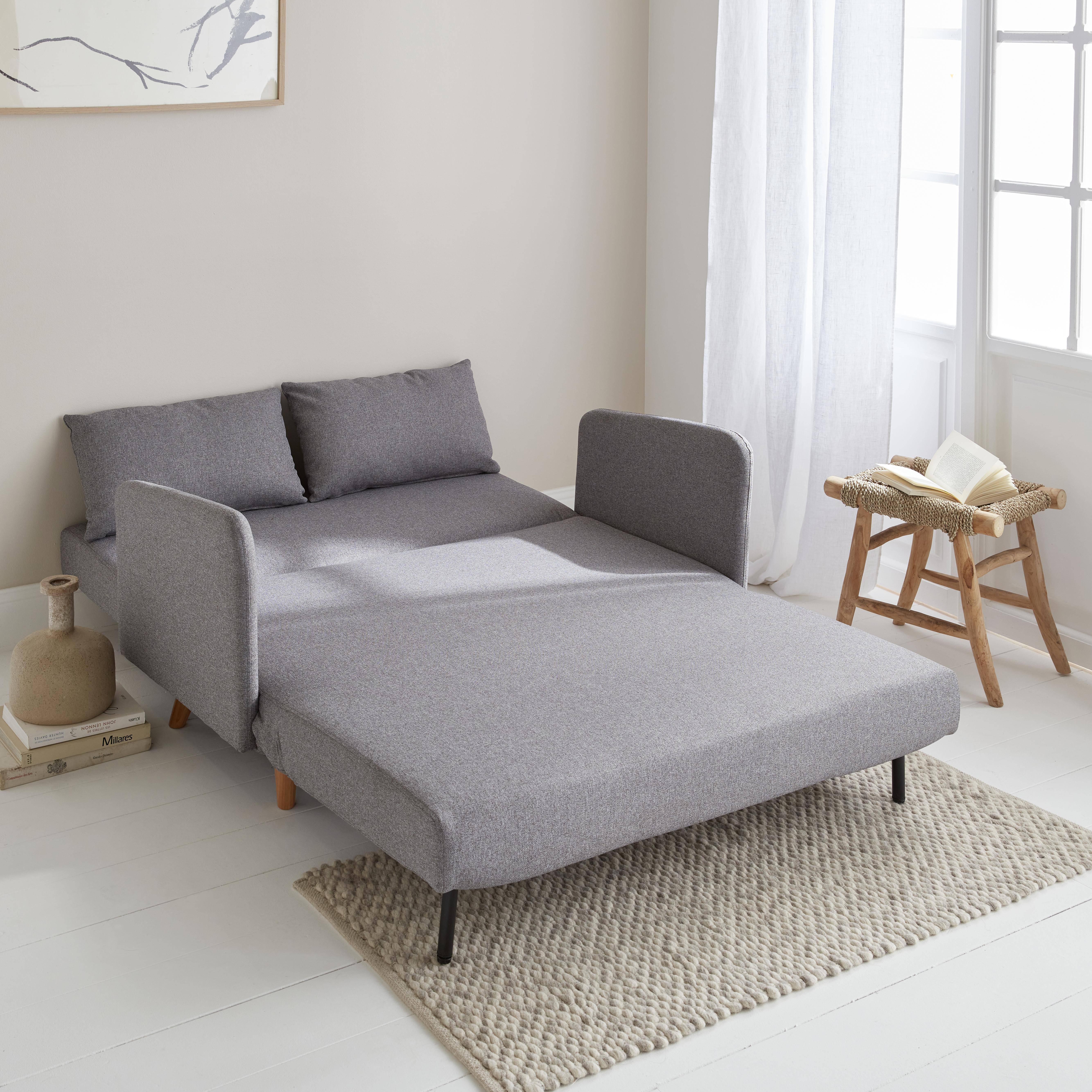 Sofá-cama de tela - Panam - escandinavo de 2 plazas, patas de madera clara, gris claro, asiento corrido, respaldo reclinable Photo2