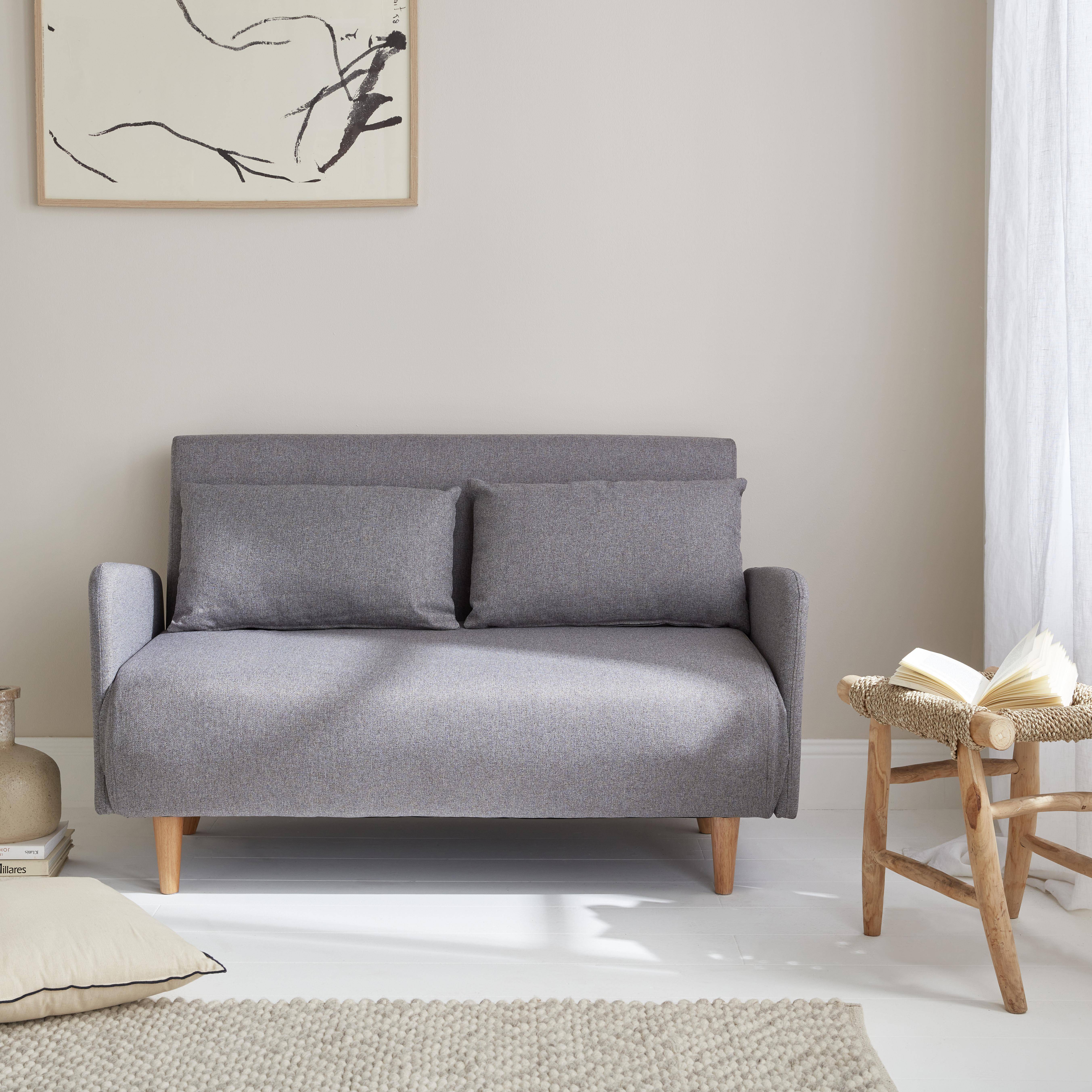 Sofá-cama de tela - Panam - escandinavo de 2 plazas, patas de madera clara, gris claro, asiento corrido, respaldo reclinable Photo1