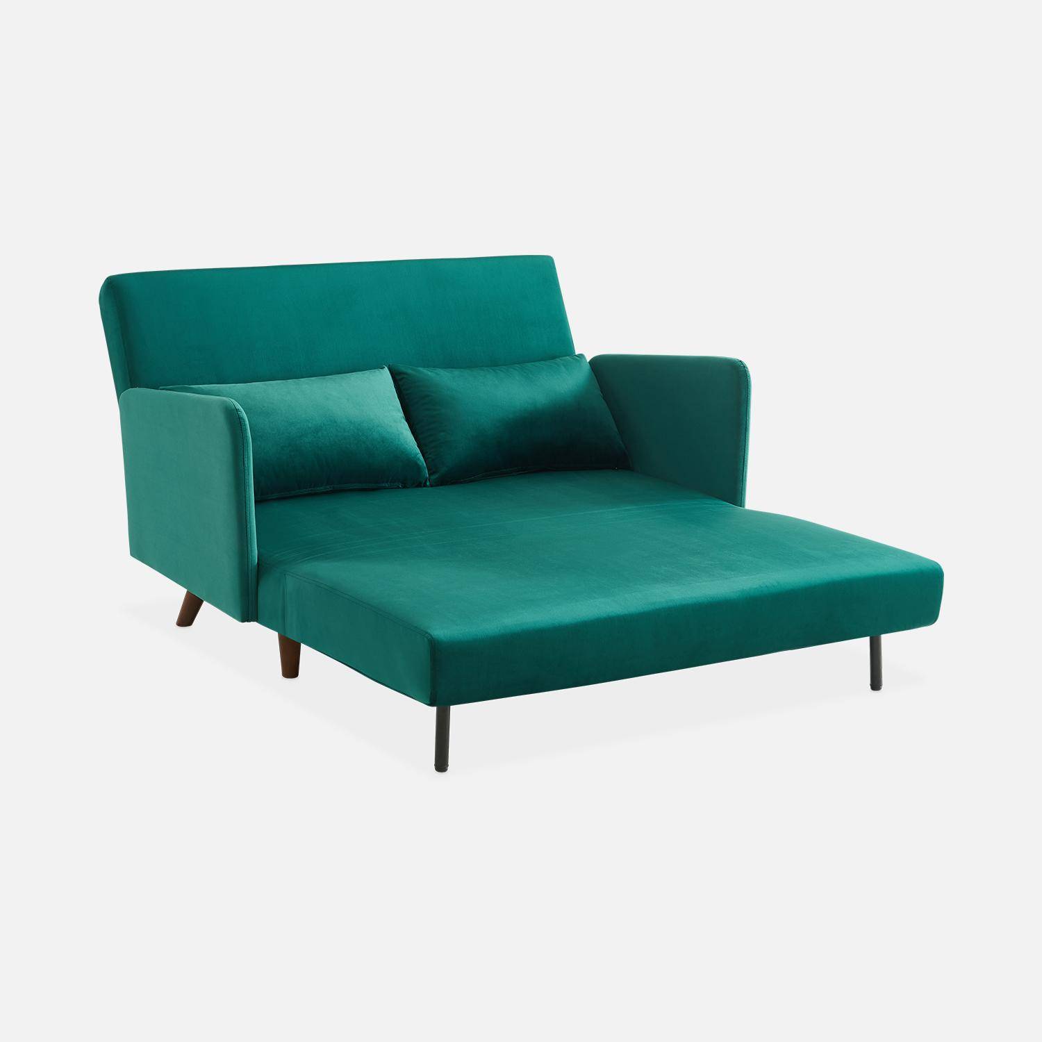 Sofá-cama de terciopelo - Panam - 2 plazas escandinavo, patas de madera oscura, verde, asiento corrido, respaldo reclinable Photo6