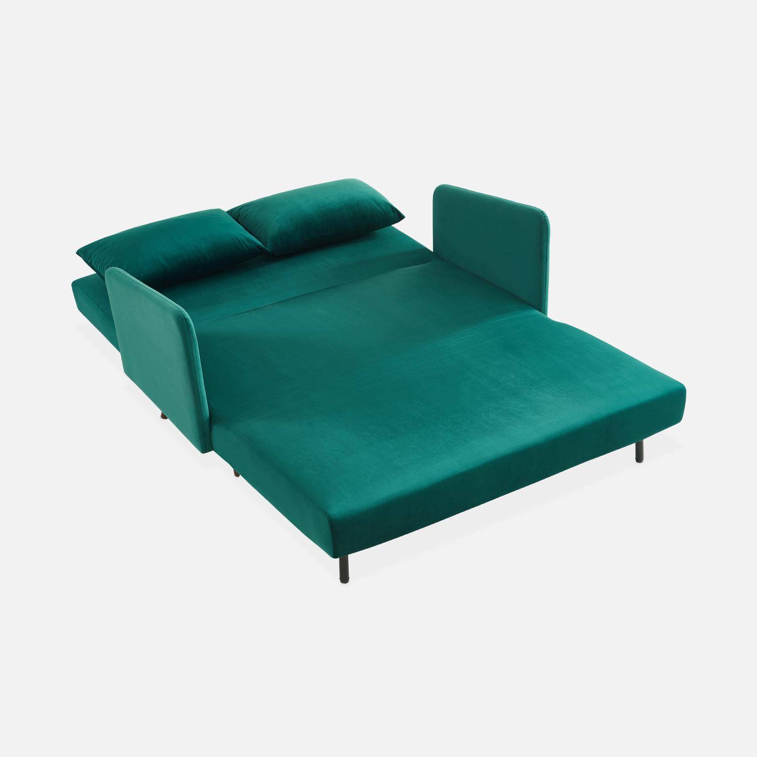 Sofá cama de terciopelo - Panam - escandinavo de 2 plazas, patas de madera oscura, verde, asiento de banco, respaldo reclinable Photo7