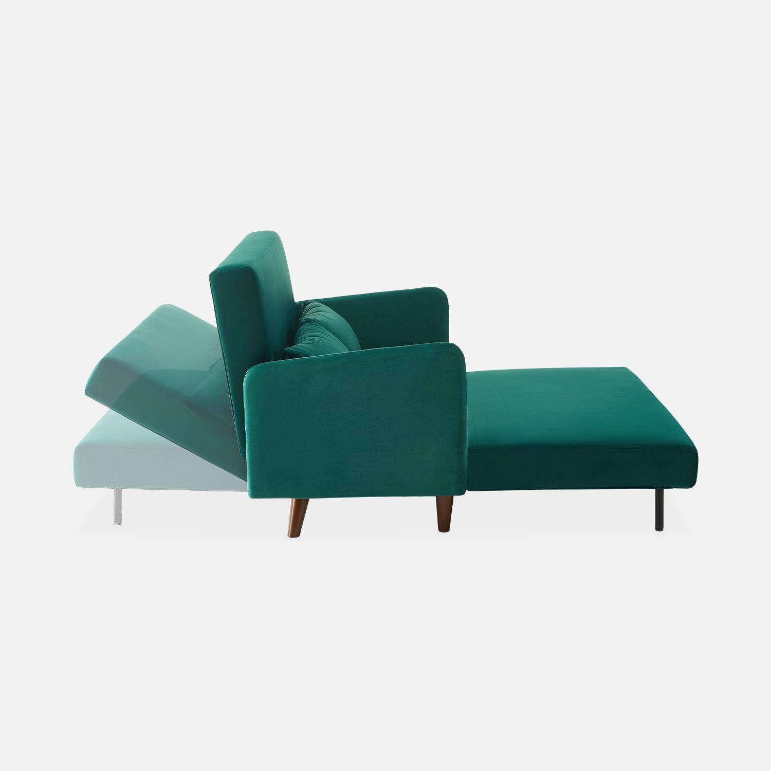 Sofá-cama de terciopelo - Panam - 2 plazas escandinavo, patas de madera oscura, verde, asiento corrido, respaldo reclinable Photo5
