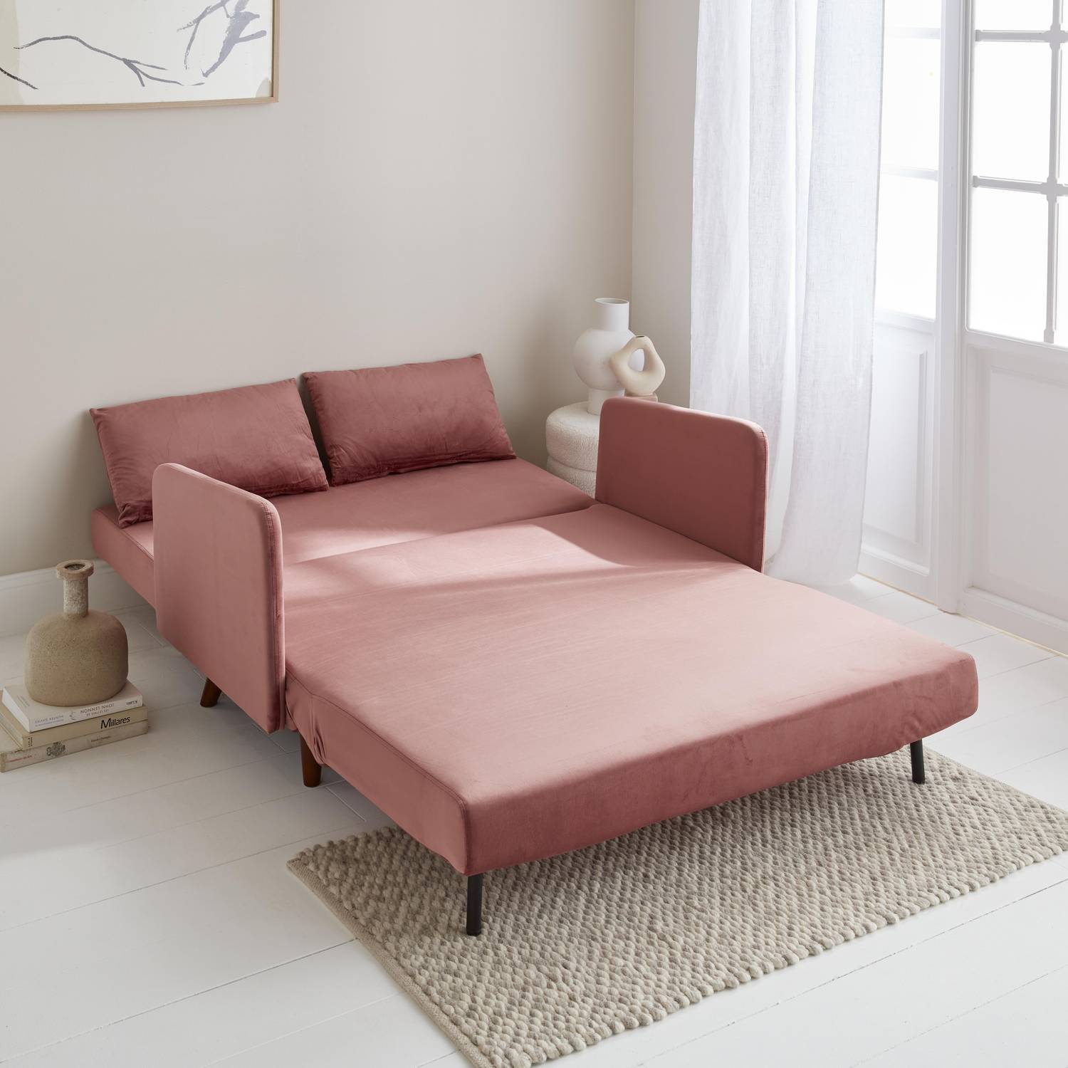 Sofá cama de terciopelo - Panam - escandinavo de 2 plazas, patas de madera oscura, rosa, asiento de banco, respaldo reclinable Photo2