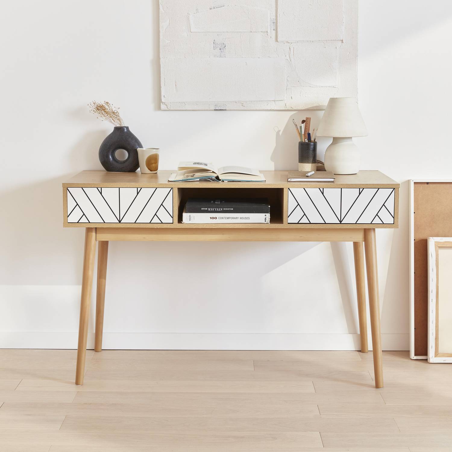 Console décor bois & blanc - Mika - 2 tiroirs, 1 casier de rangement, pieds scandinaves, L 120 x l 48 x H 75cm  Photo1