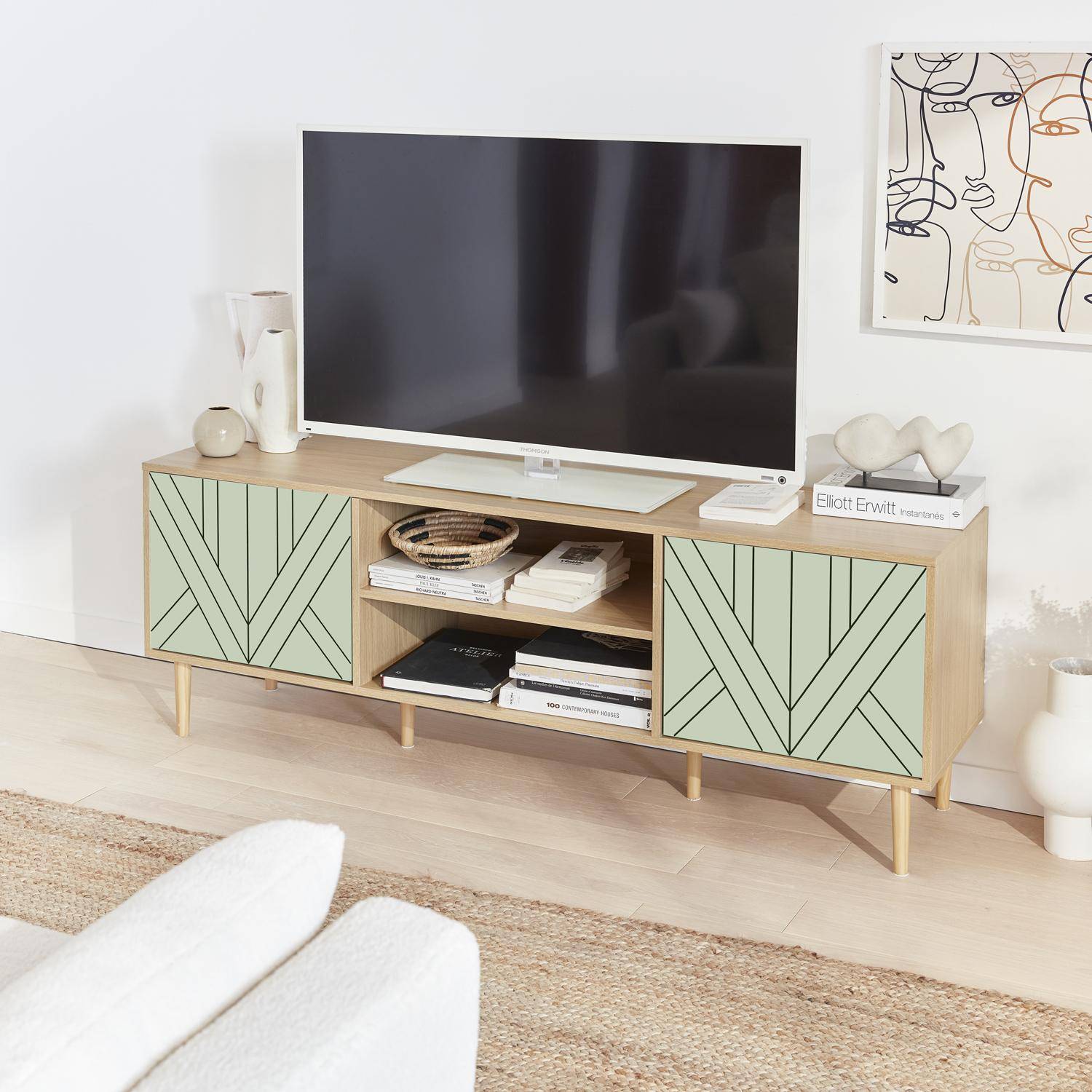 TV-meubel Mika, 3 planken, 2 deuren, houtlook & watergroene deurtjes, 160x40x56cm Photo1
