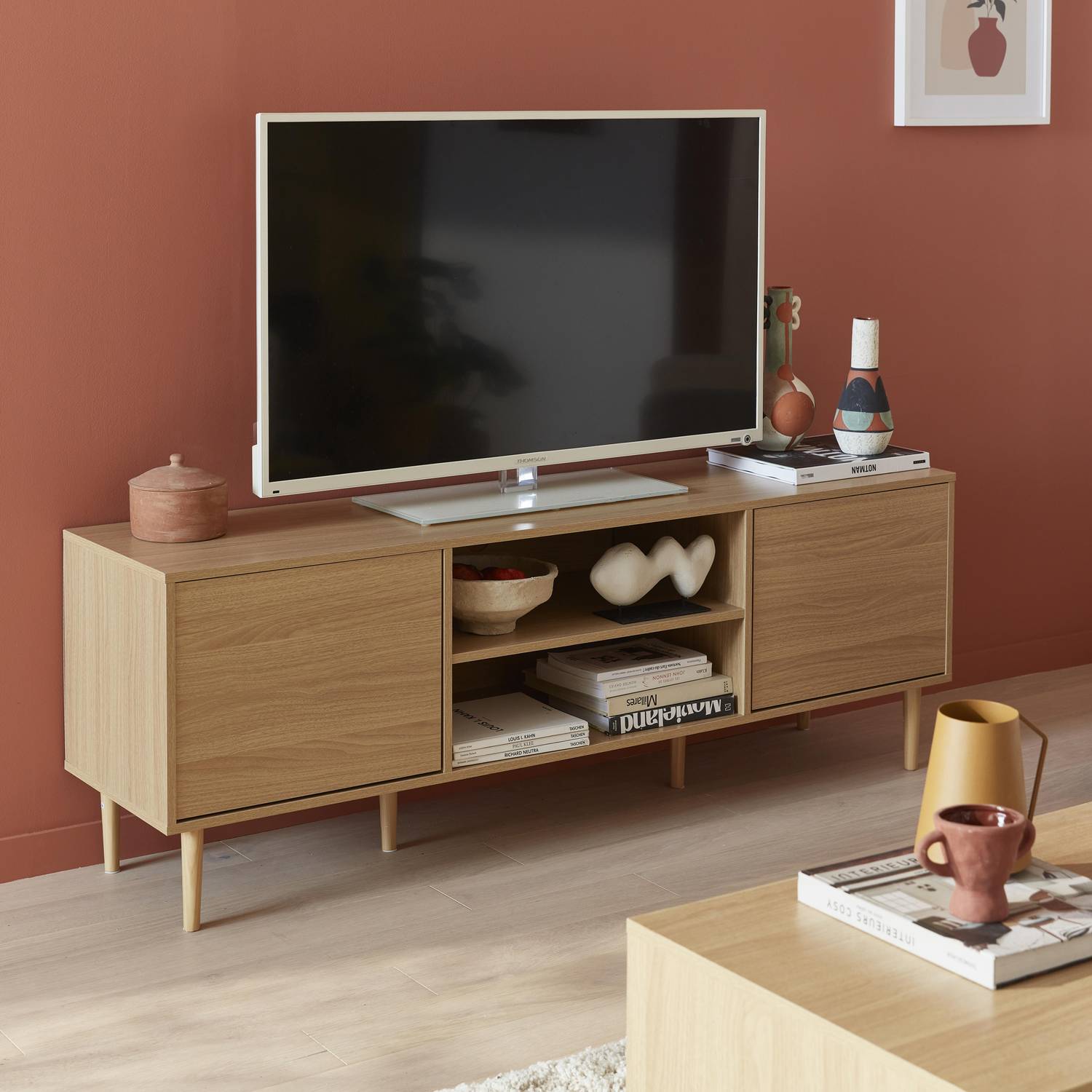 Meuble TV décor bois - Mika - 2 niveaux, 3 étagères, 2 portes, L 160 x l 40 x H 56cm Photo1
