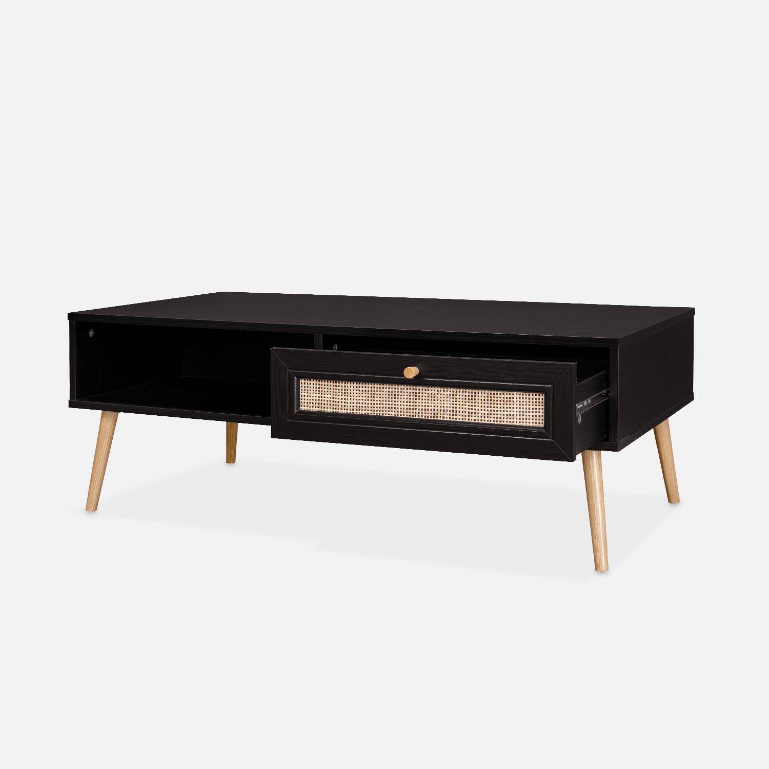 Table basse en cannage 110x59x39cm - Bohème - Noir, 1 tiroir, 1 espace de rangement, pieds scandinaves Photo4