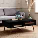 Table basse en cannage 110x59x39cm - Bohème - Noir, 1 tiroir, 1 espace de rangement, pieds scandinaves Photo1