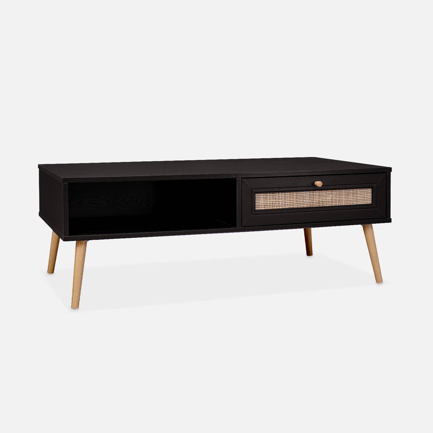 Table basse en cannage 110x59x39cm - Bohème - Noir, 1 tiroir, 1 espace de rangement, pieds scandinaves Photo2
