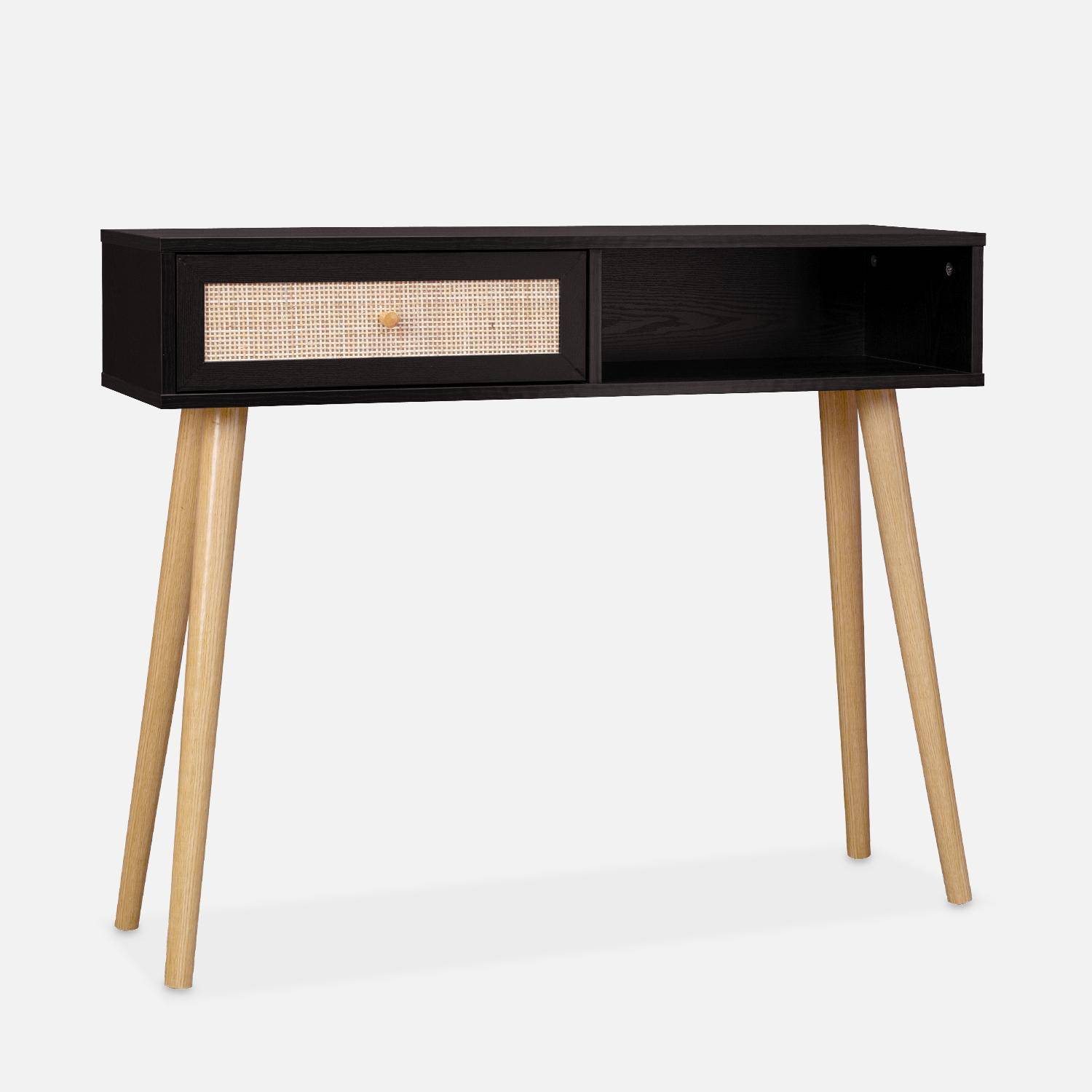 Console en cannage 100x29x81cm  -  Bohème -  Noir, 1 tiroir,1 espace de rangement, pieds scandinaves décor bois, 1 poignée Photo2