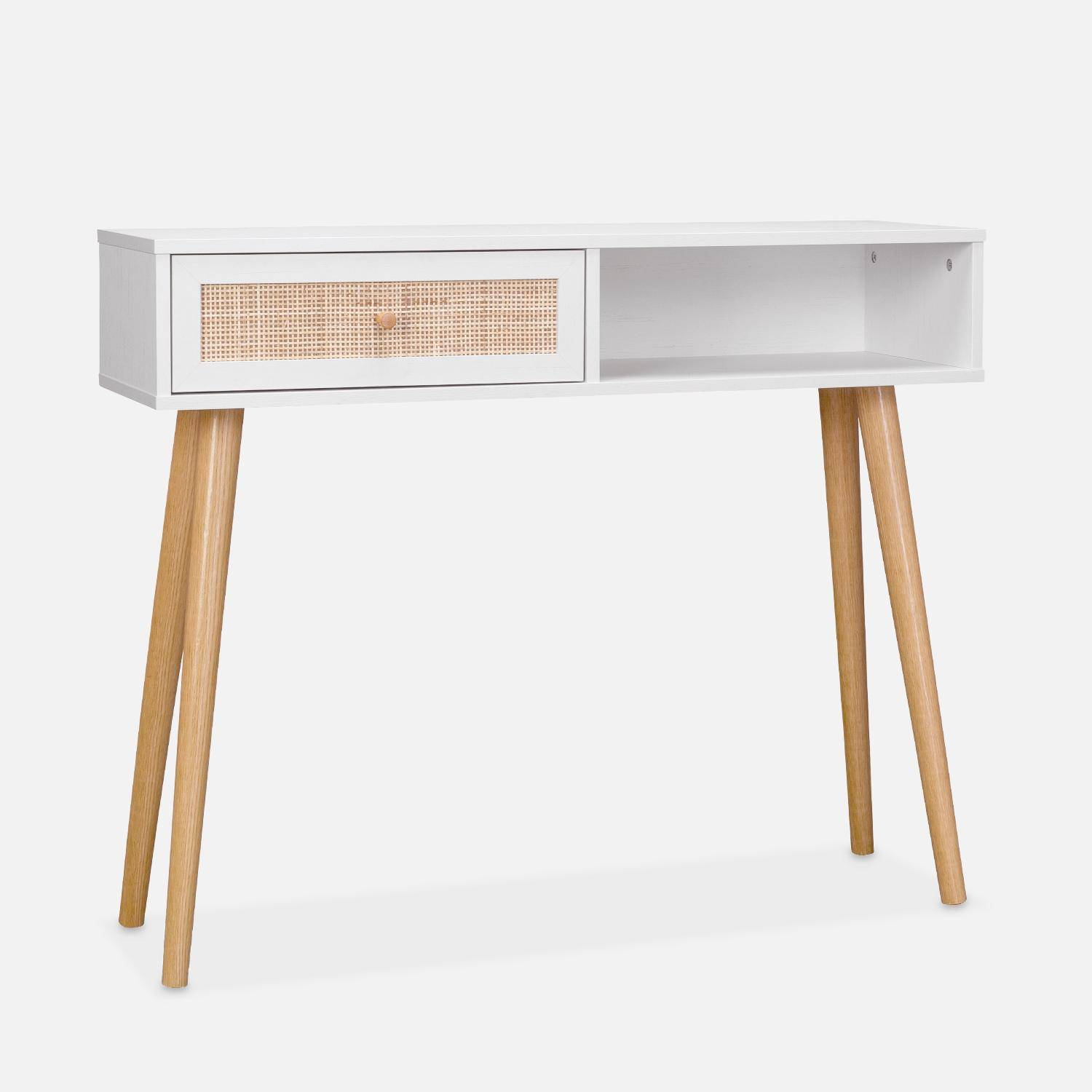Console en cannage 100x29x81cm  -  Bohème -  Blanc, 1 tiroir,1 espace de rangement, pieds scandinaves décor bois, 1 poignée Photo2