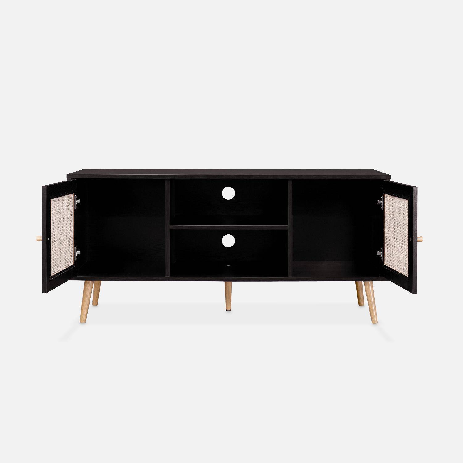 TV meubel met rotan BOHEME,  120x39x56.5cm - 1 plank - 2 deurtjes -  scandinavische pootjes, zwart Photo4