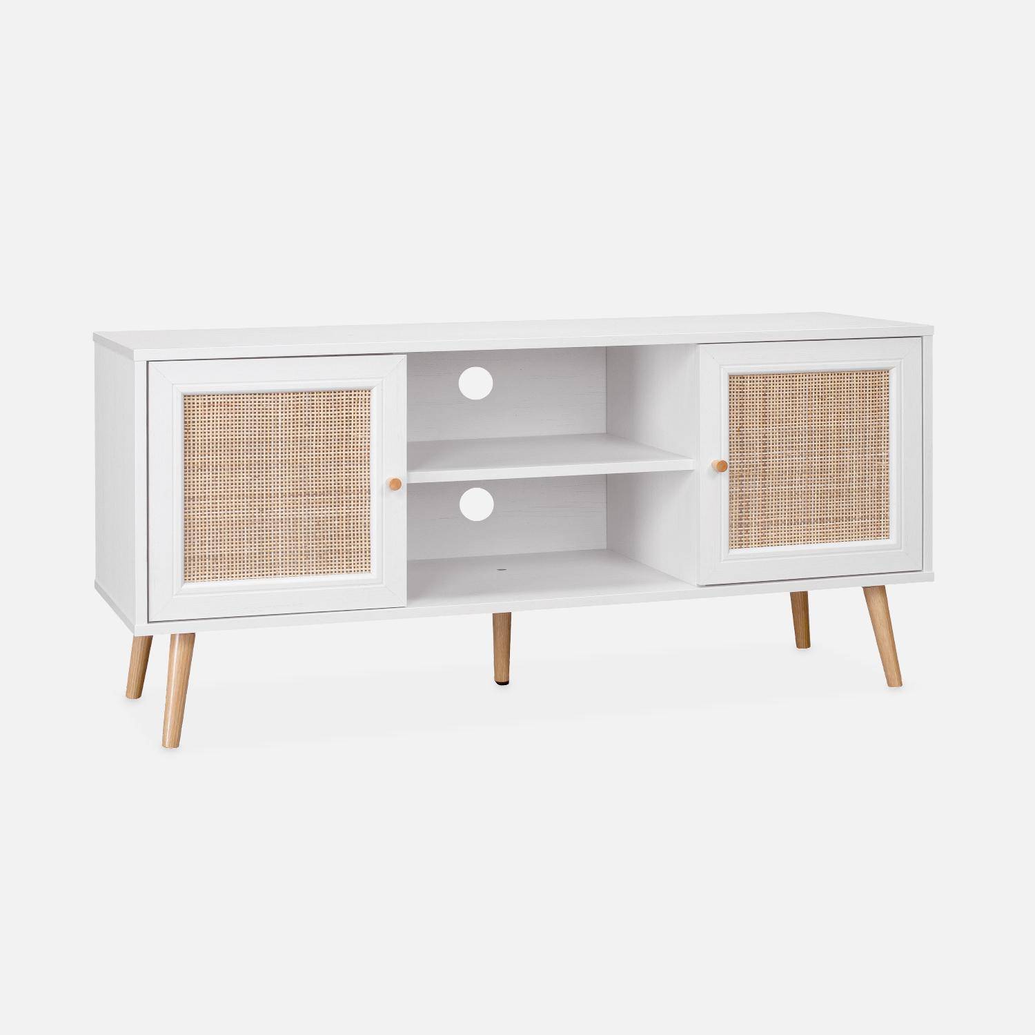 TV-Möbel Weiß mit Rattangeflecht 120 x 39 x 56,5cm -  Bohème - 2 Ebenen, 2 Einlegeböden, 2 Türen, skandinavische Beine Photo2