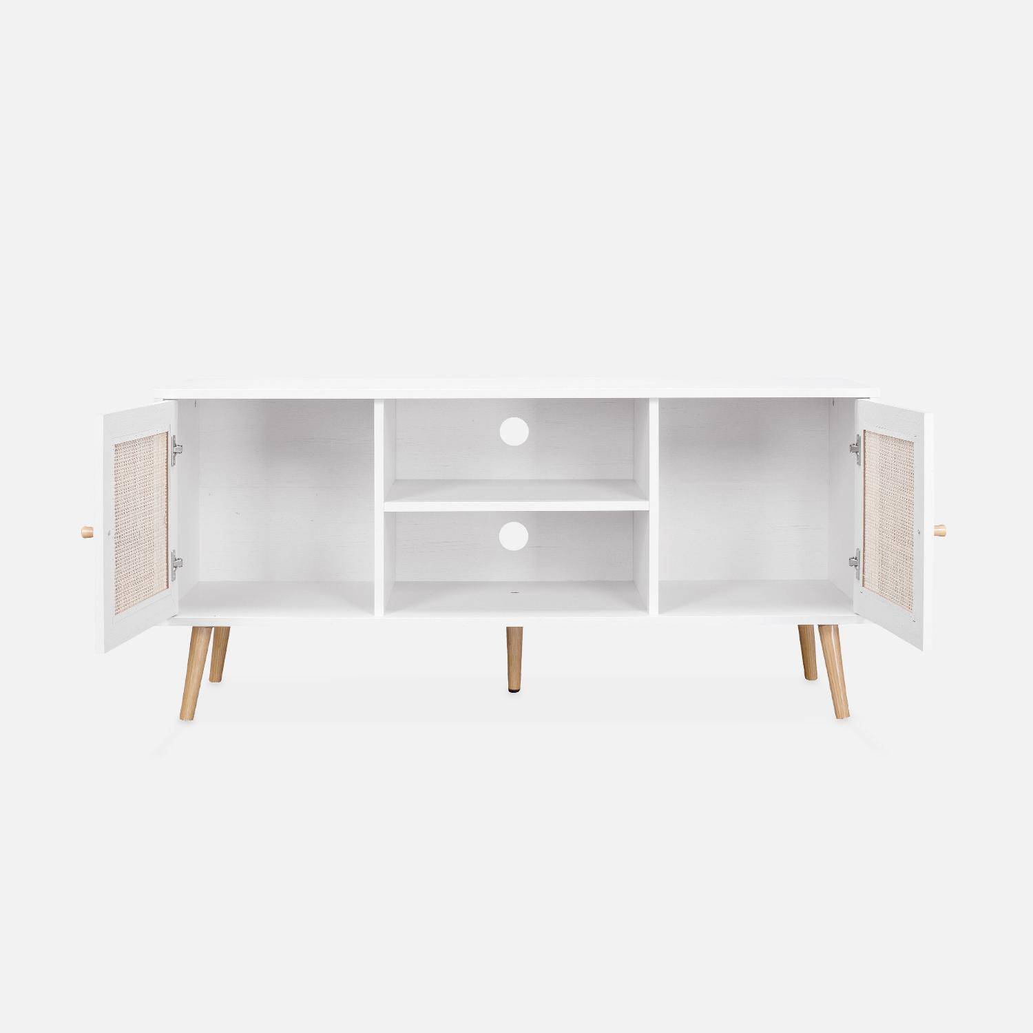 TV-Möbel Weiß mit Rattangeflecht 120 x 39 x 56,5cm -  Bohème - 2 Ebenen, 2 Einlegeböden, 2 Türen, skandinavische Beine Photo4