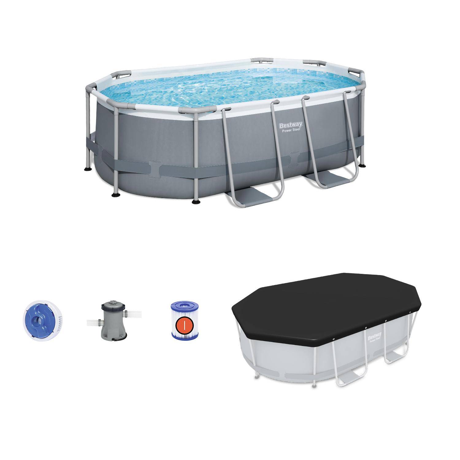 Kit piscine complet BESTWAY – Spinelle grise – piscine ovale tubulaire 3x2 m avec bâche de protection noire, pompe de filtration et kit de réparation inclus  Photo1