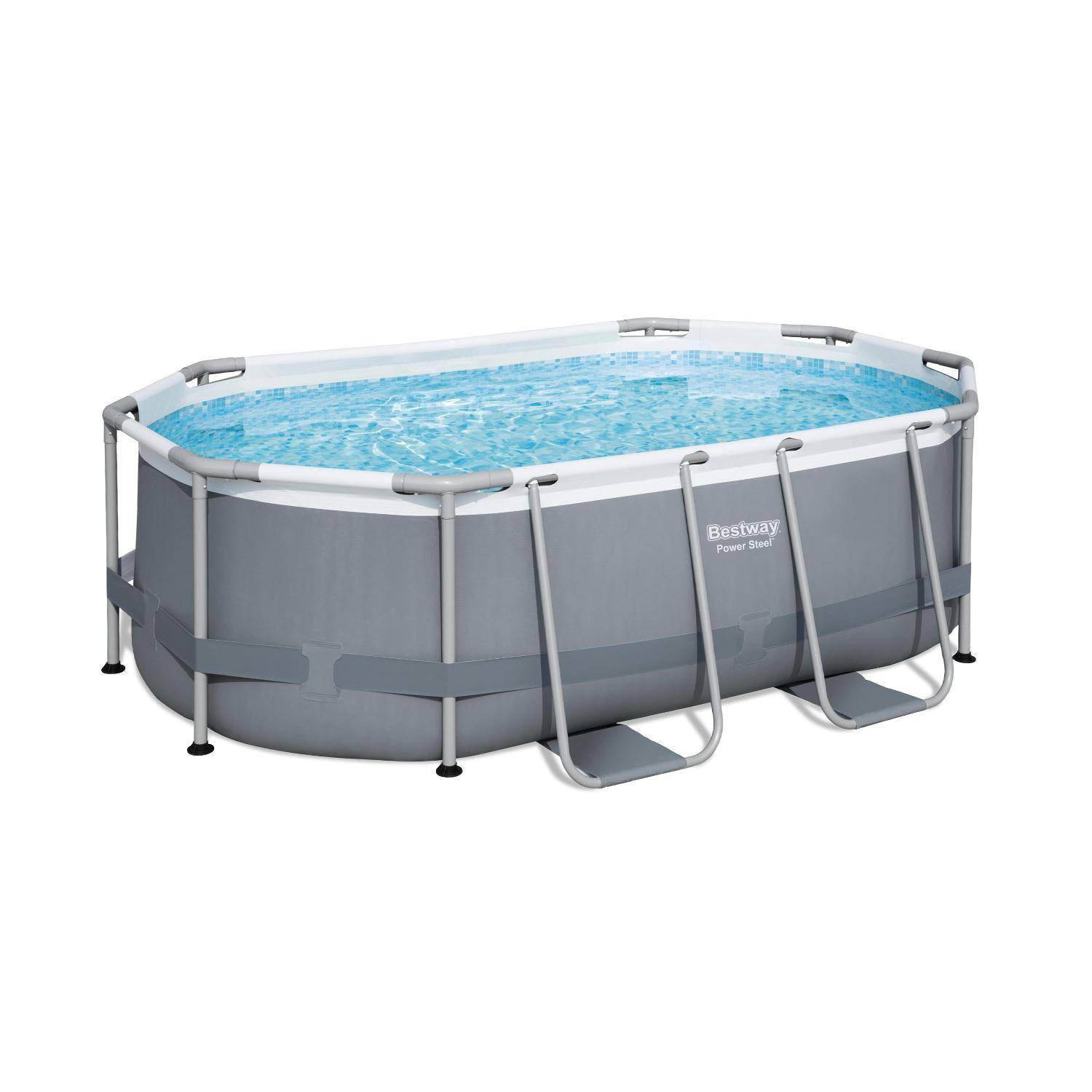 Kit piscine complet BESTWAY – Spinelle grise – piscine ovale tubulaire 3x2 m avec bâche de protection noire, pompe de filtration et kit de réparation inclus  Photo2