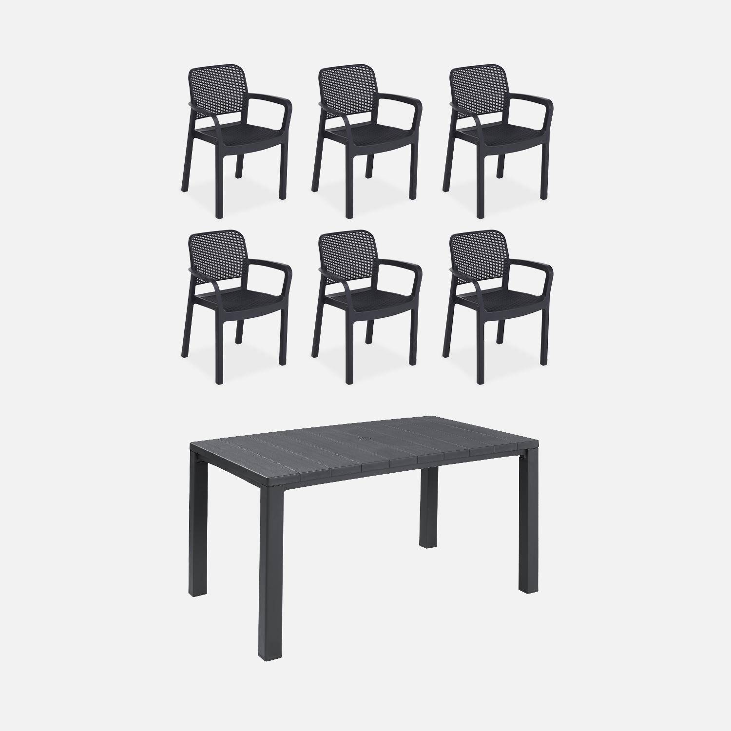 Table de jardin en résine de synthèse - Julie,  Rectangulaire, graphite, 147cm + 6 fauteuils de jardin empilables Samanna Photo1