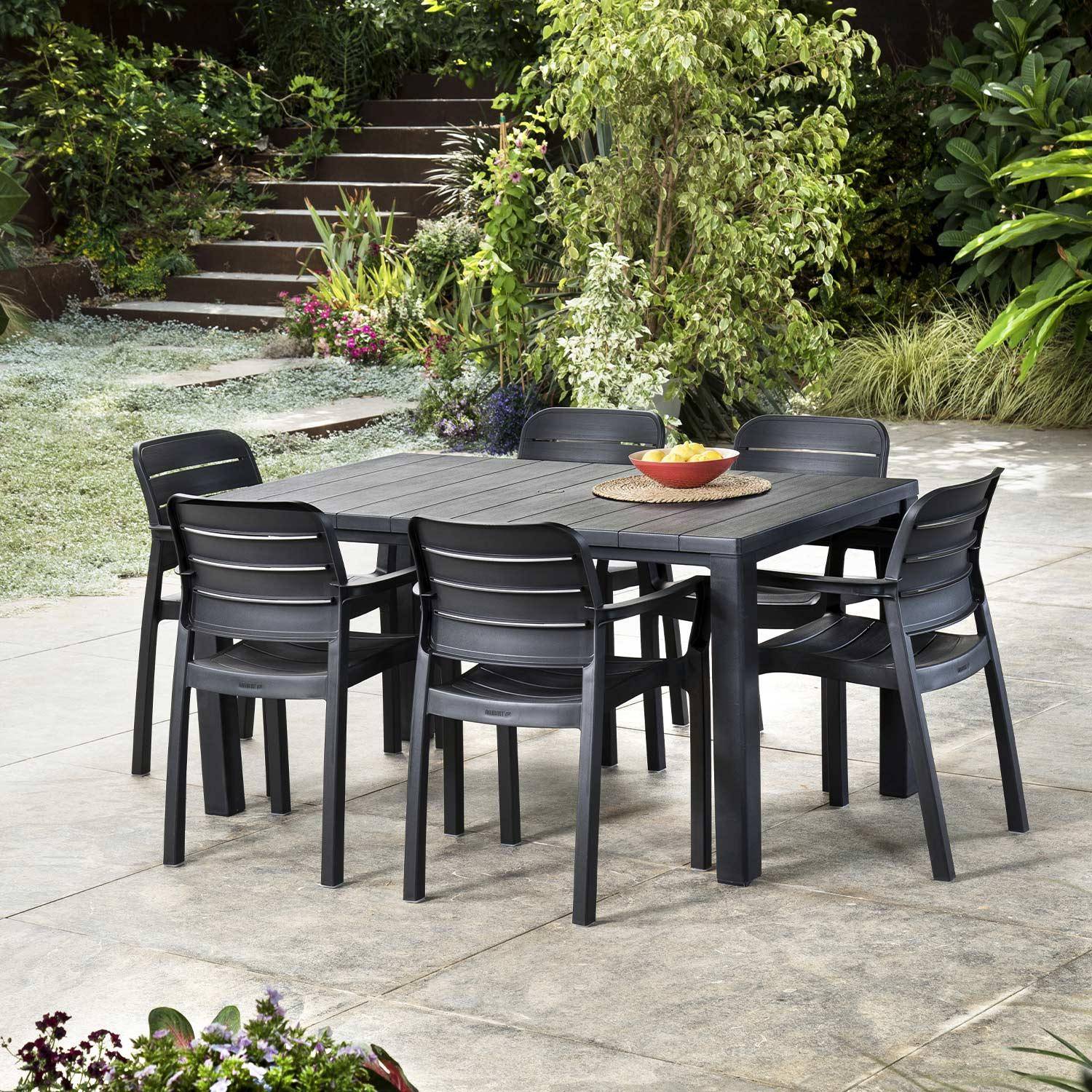 Table de jardin en résine de synthèse - Julie,  Rectangulaire, graphite, 147cm + 6 fauteuils de jardin empilables Tisara  Photo1