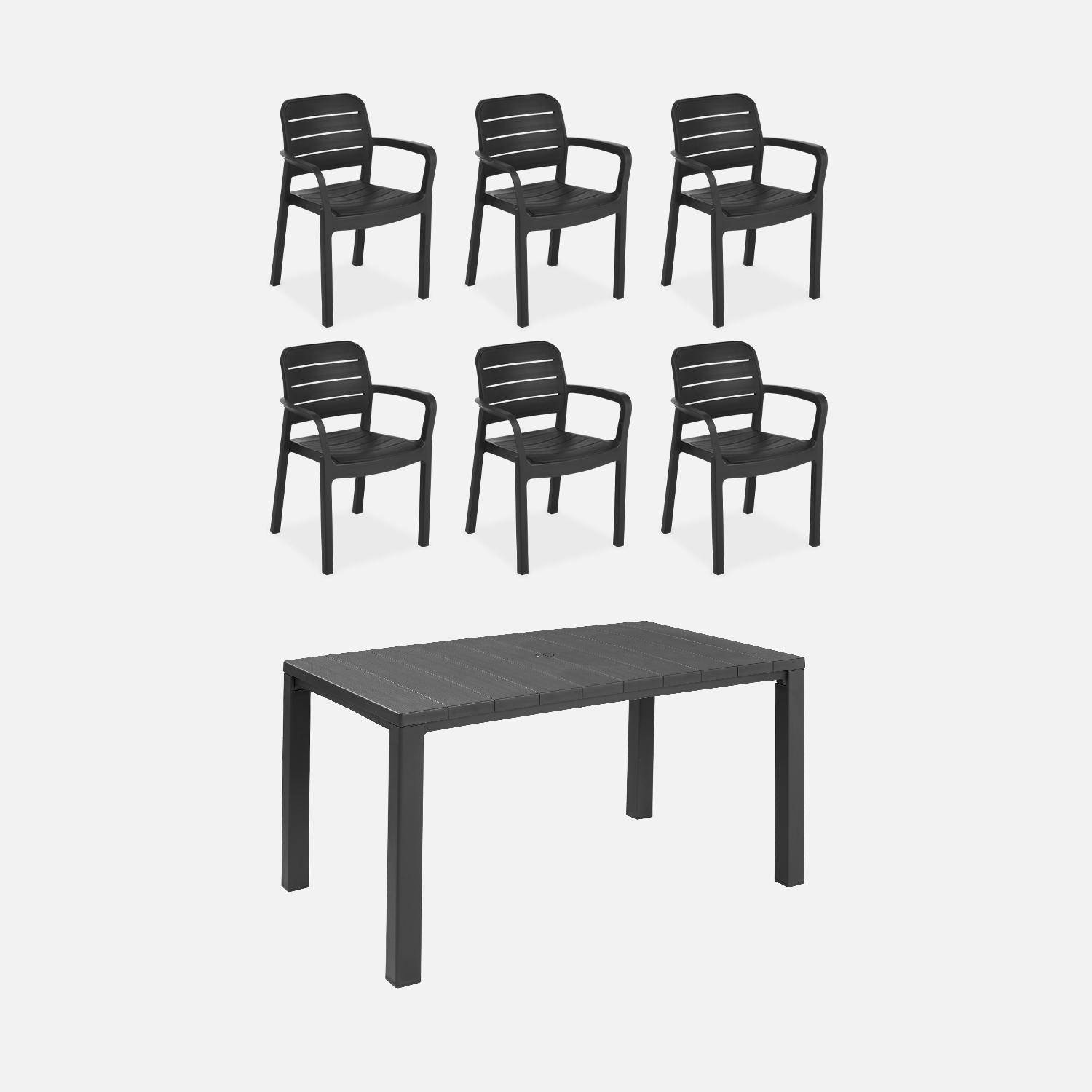 Table de jardin en résine de synthèse - Julie,  Rectangulaire, graphite, 147cm + 6 fauteuils de jardin empilables Tisara  Photo2