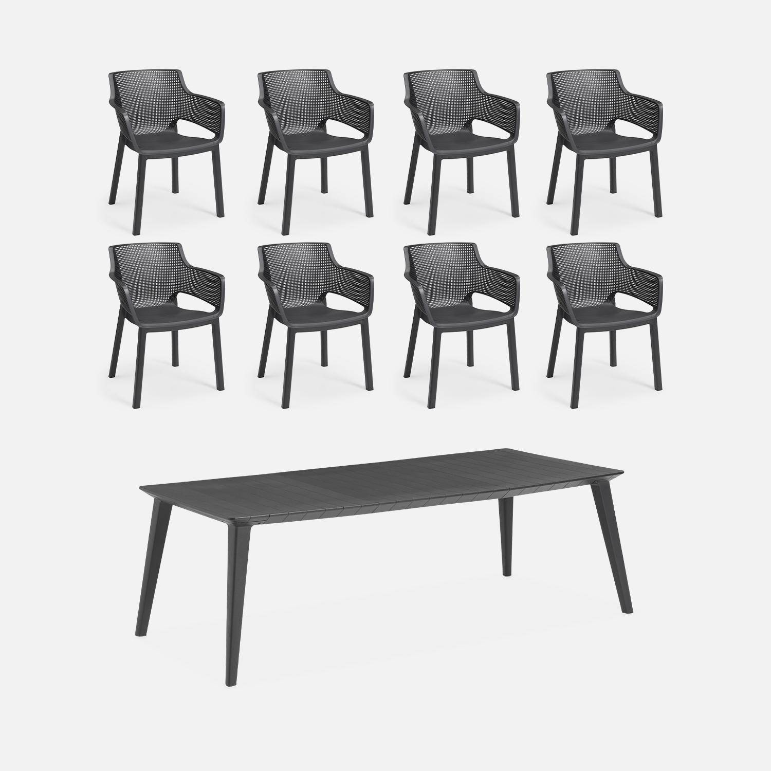 Table de jardin graphite, avec rallonge en résine de synthèse , Lima 240, Rectangulaire, 160 à 240cm + fauteuils de jardin empilables Elisa  Photo1