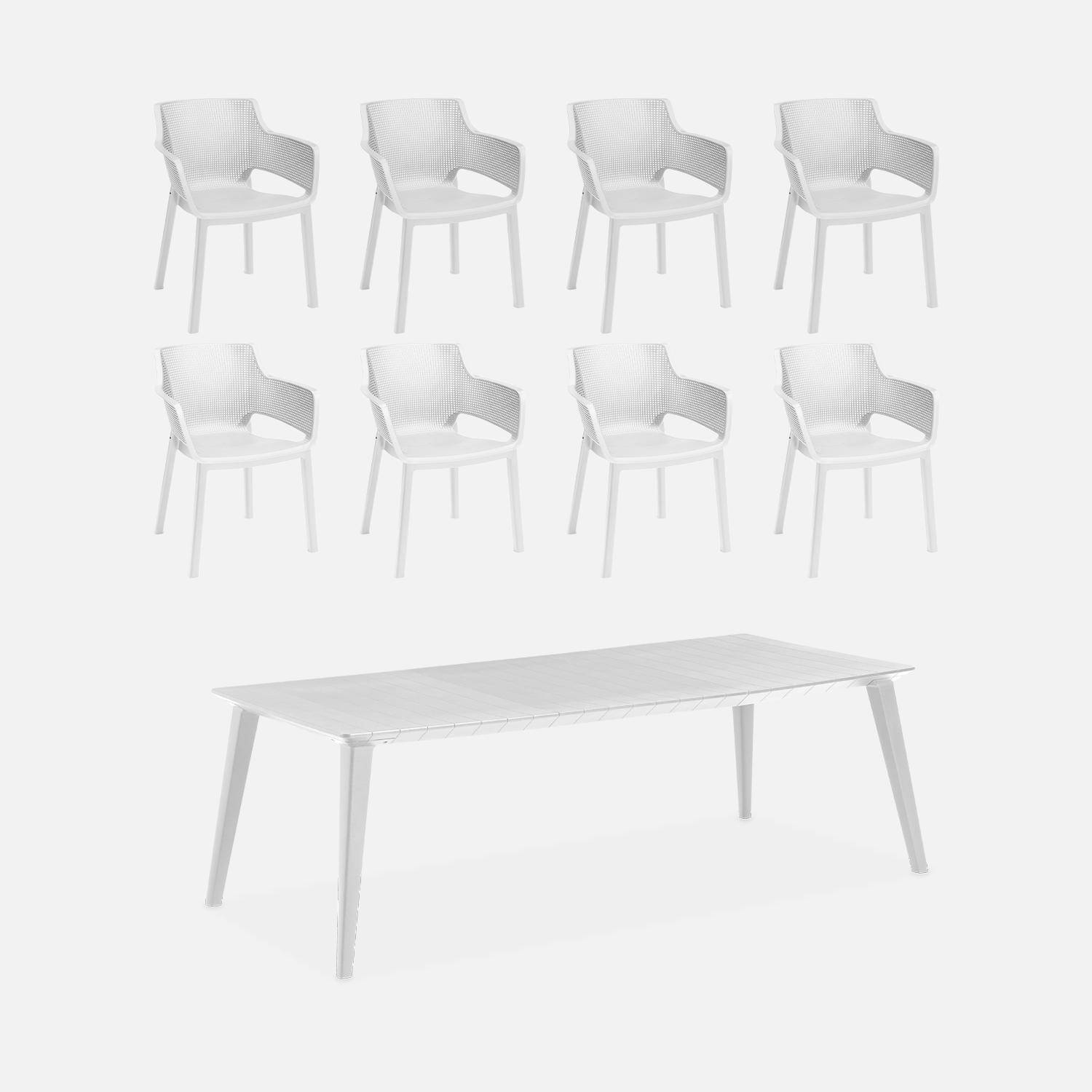 Table de jardin blanche, avec rallonge en résine de synthèse, Lima 240, Rectangulaire, 160 à 240cm + fauteuils de jardin empilables Elisa  Photo2