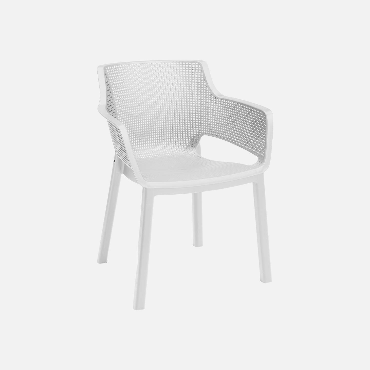 Table de jardin blanche, avec rallonge en résine de synthèse, Lima 240, Rectangulaire, 160 à 240cm + fauteuils de jardin empilables Elisa  Photo4