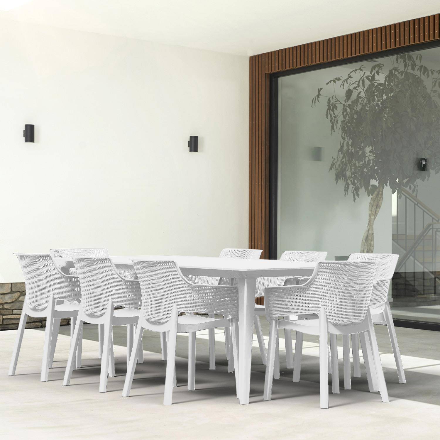 Table de jardin avec rallonge en résine de synthèse, Lima 240, Rectangulaire, blanc, 160 à 240cm + fauteuils de jardin empilables Elisa  Photo1