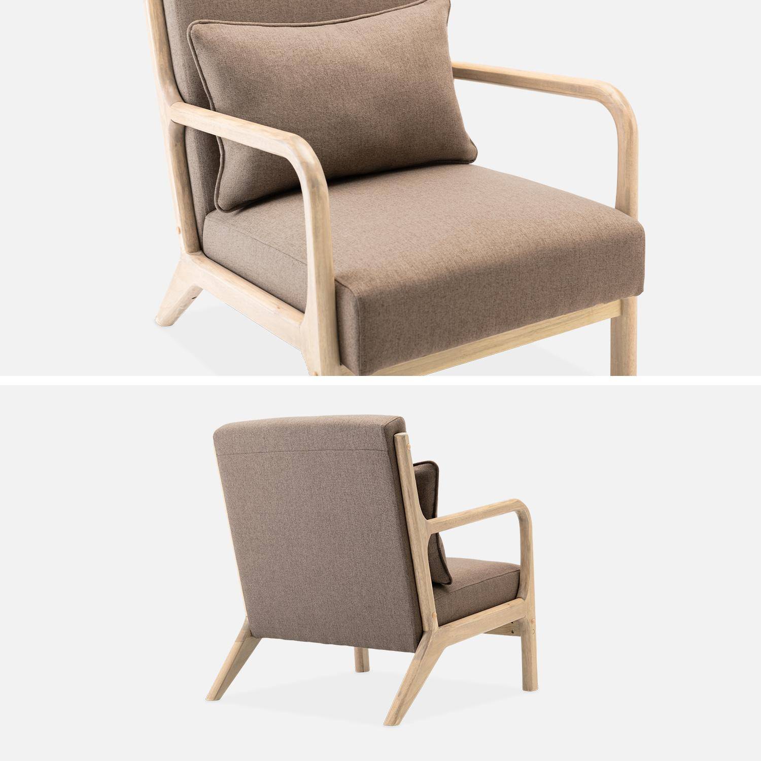 Fauteuil design marron en bois et tissu, 1 place droit fixe, pieds compas scandinave, structure en bois solide, assise confortable  Photo6