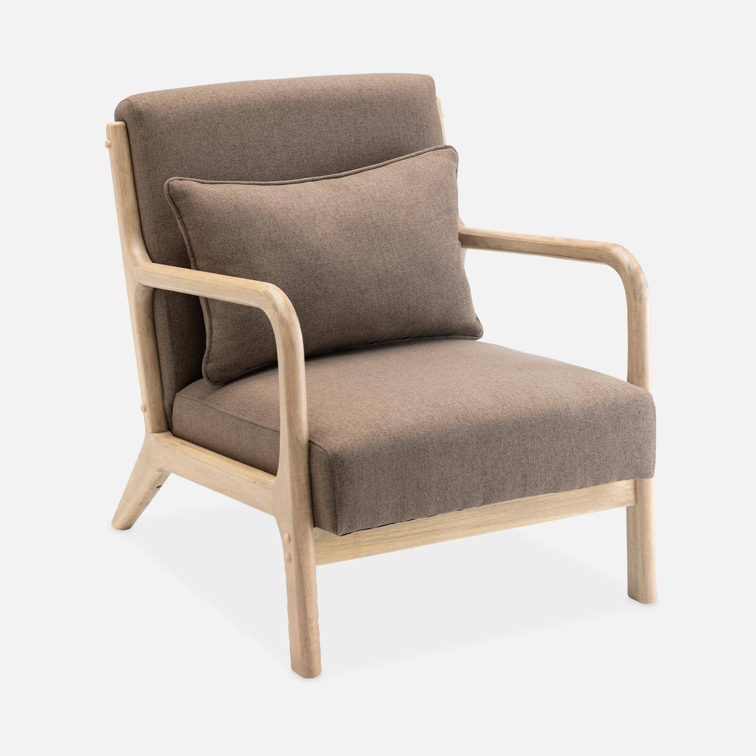 Fauteuil design marron en bois et tissu, 1 place droit fixe, pieds compas scandinave, structure en bois solide, assise confortable  Photo4