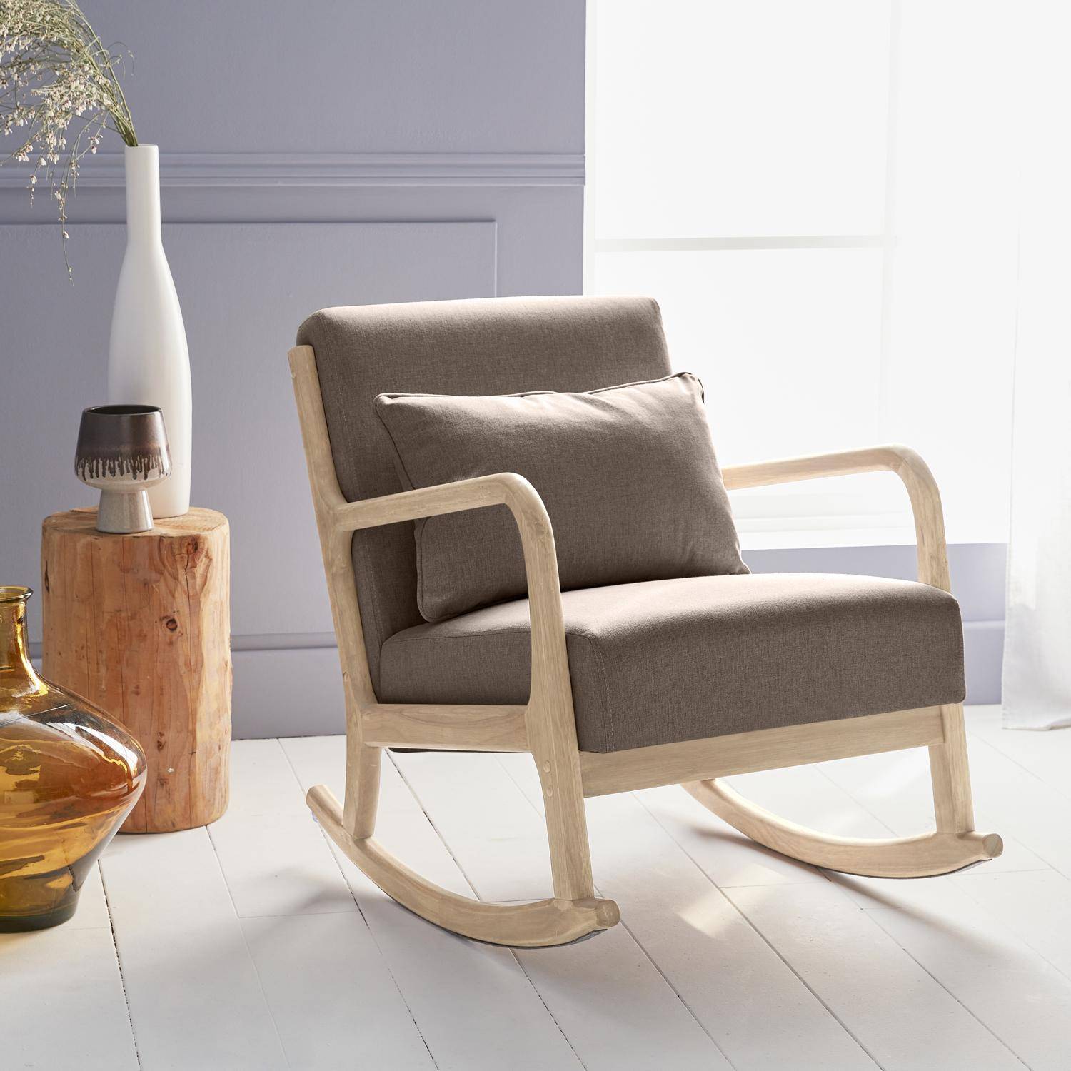 Cadeira de baloiço de design em madeira e tecido, 1 assento, cadeira de baloiço escandinava, marrom Photo1