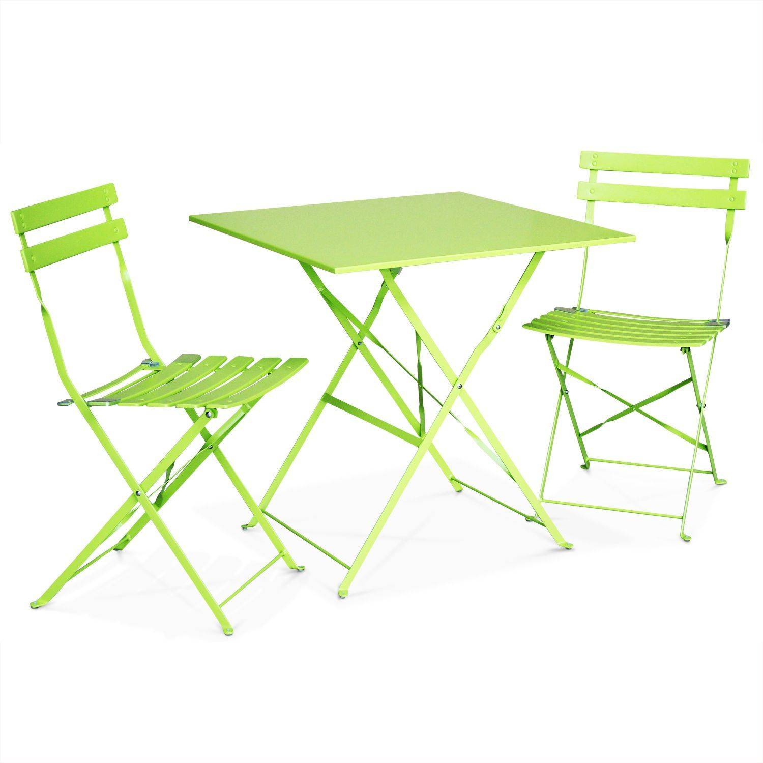 Klappbare Bistro-Gartenmöbel - Emilia quadratisch grün - Quadratischer Tisch 70x70 cm mit zwei Klappstühlen, pulverbeschichtetem Stahl, Stühlen mit gebogenen Latten Photo2
