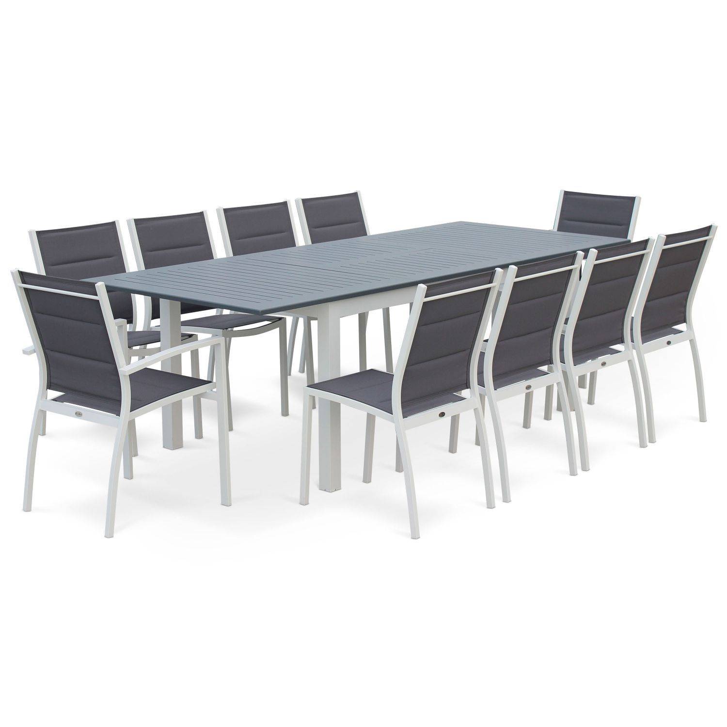Ensemble Chicago, 1 table extensible, 2 fauteuils, 6 chaises en aluminium et textilène Photo3