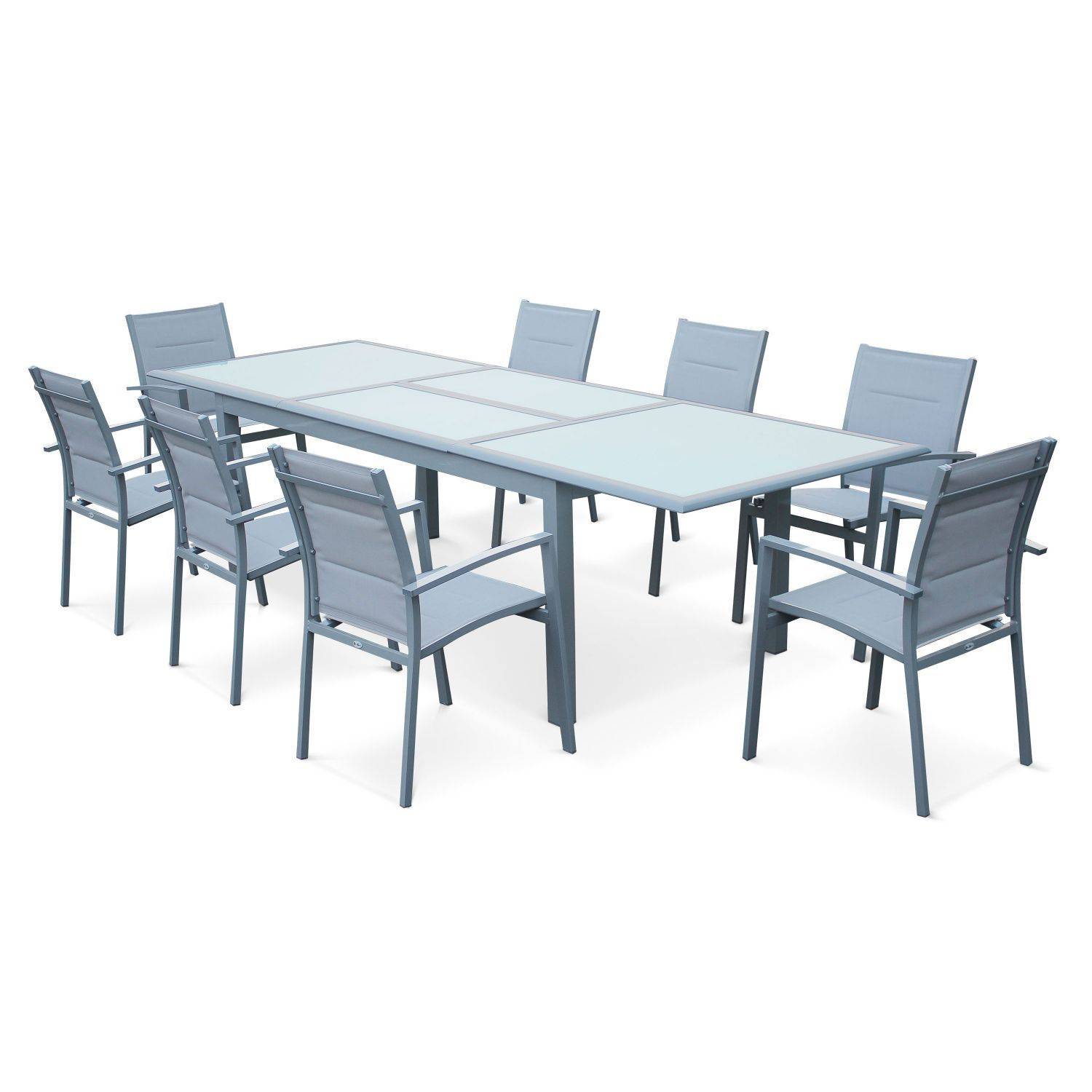 Ensemble Baltimore 1 table extensible et 8 fauteuils en aluminium et textilène Photo1