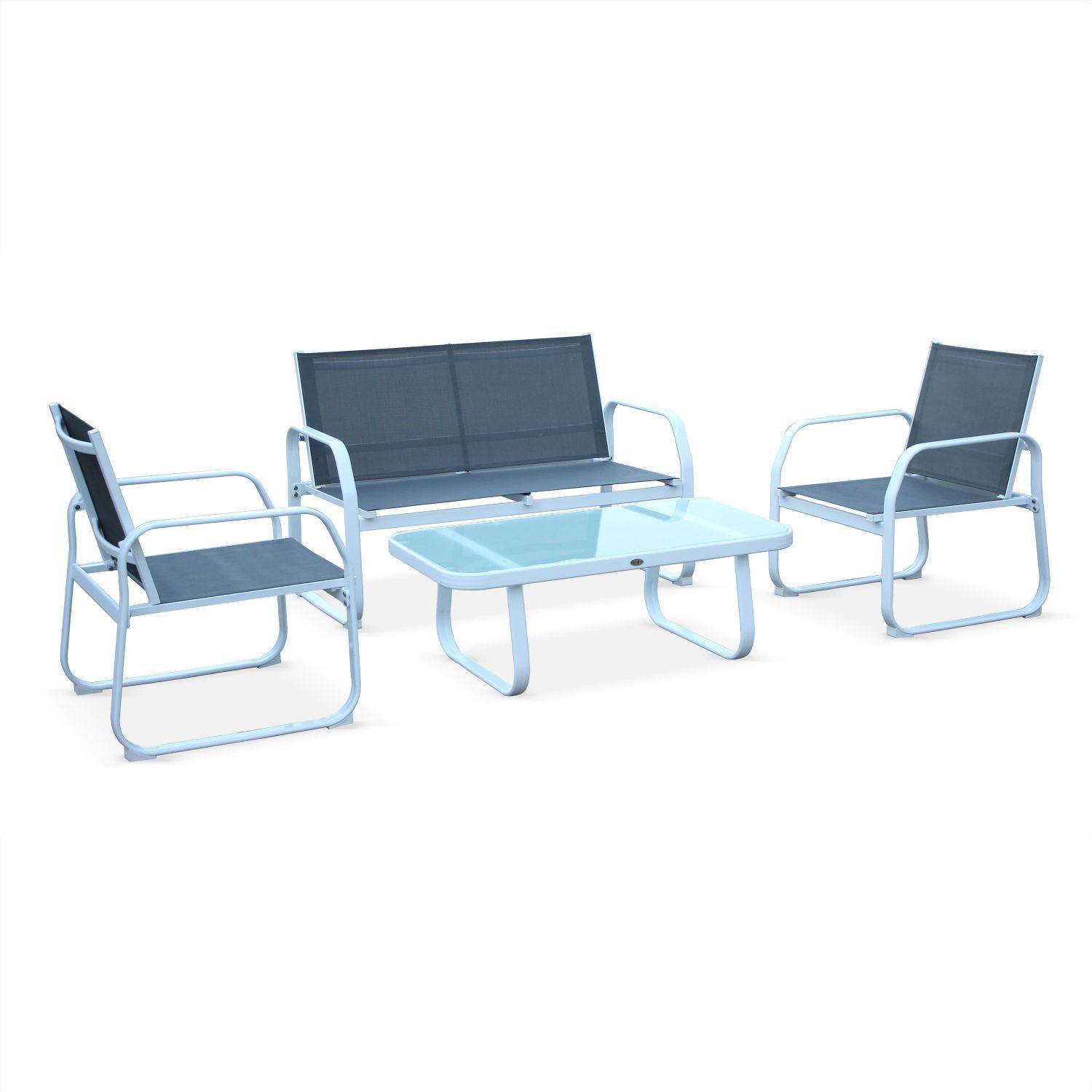 Ensemble Arno, 1 canapé, 2 fauteuils et une table basse en aluminium et textilène Photo1