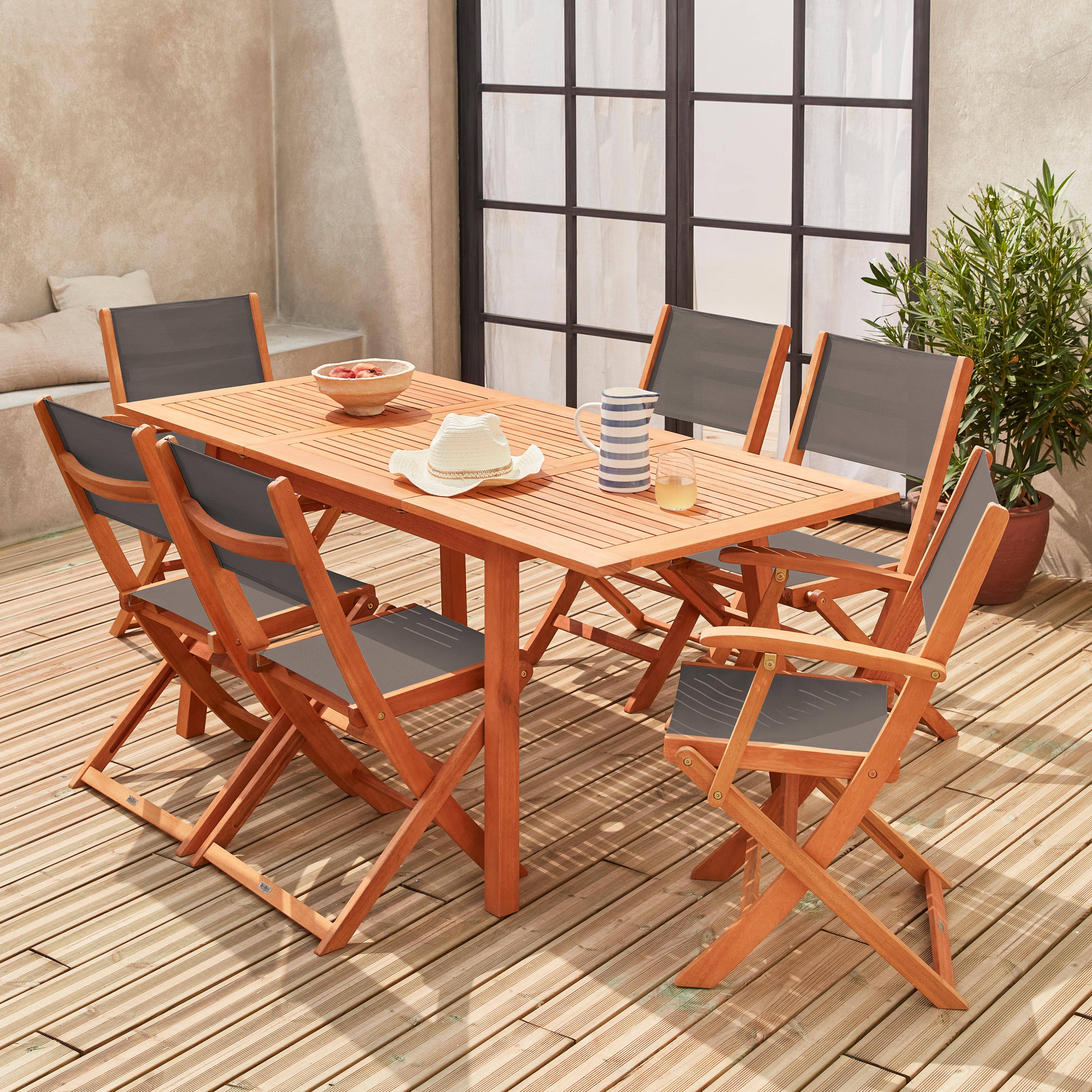 Salon de jardin en bois extensible - Almeria - Table 120/180cm avec rallonge, 2 fauteuils et 4 chaises, en bois d'Eucalyptus FSC huilé et textilène anthracite Photo2