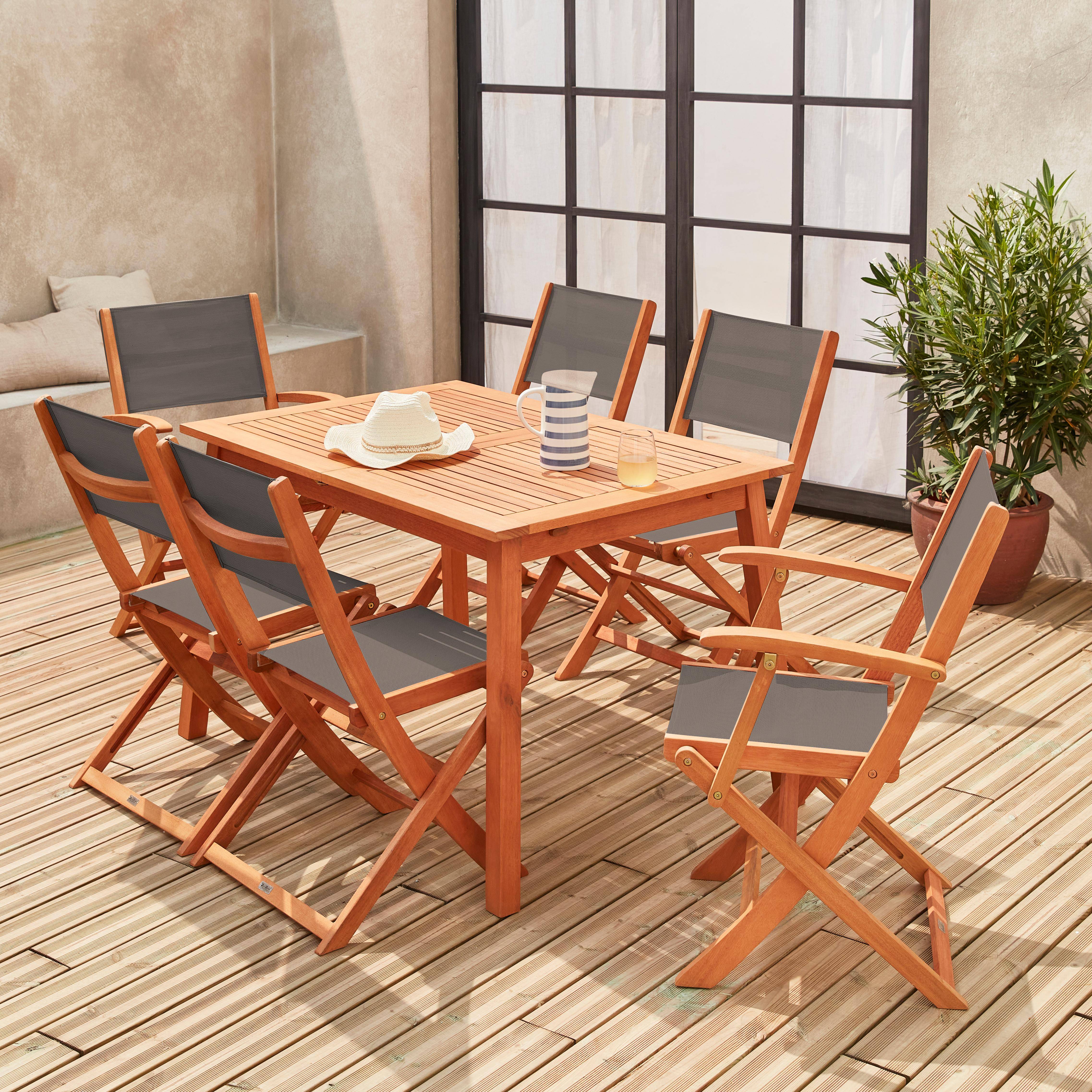 Conjunto de mesa e cadeiras de jardim em madeira e textileno, antracite, 6 lugares, eucalipto, extensível, 120/180 cm Photo1