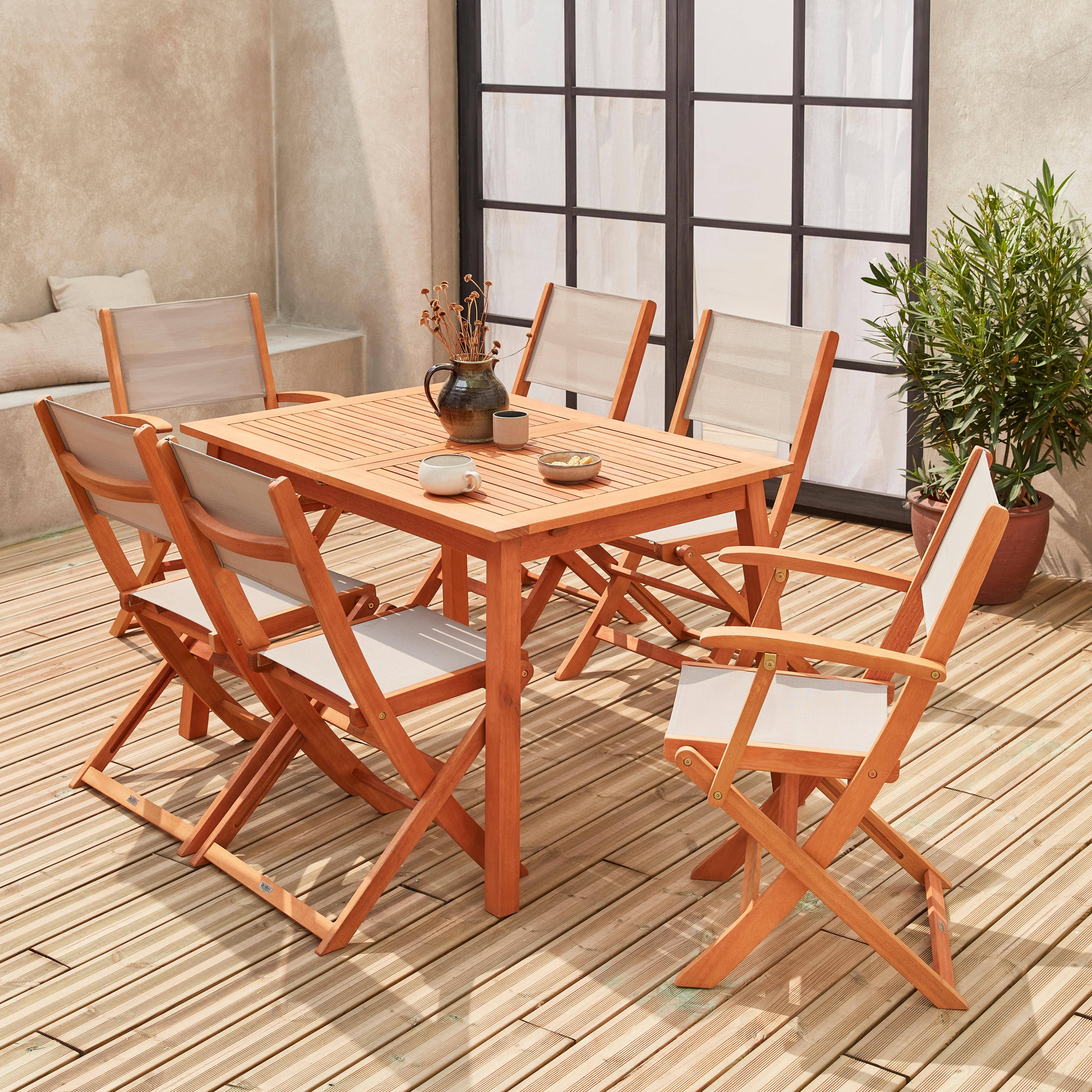 Ausziehbare Gartenmöbel aus Holz - Almeria - Tisch 120/180 cm mit Verlängerung, 2 Sesseln und 4 Stühlen aus geöltem FSC-Eukalyptusholz und taupegrauem Textilene Photo2