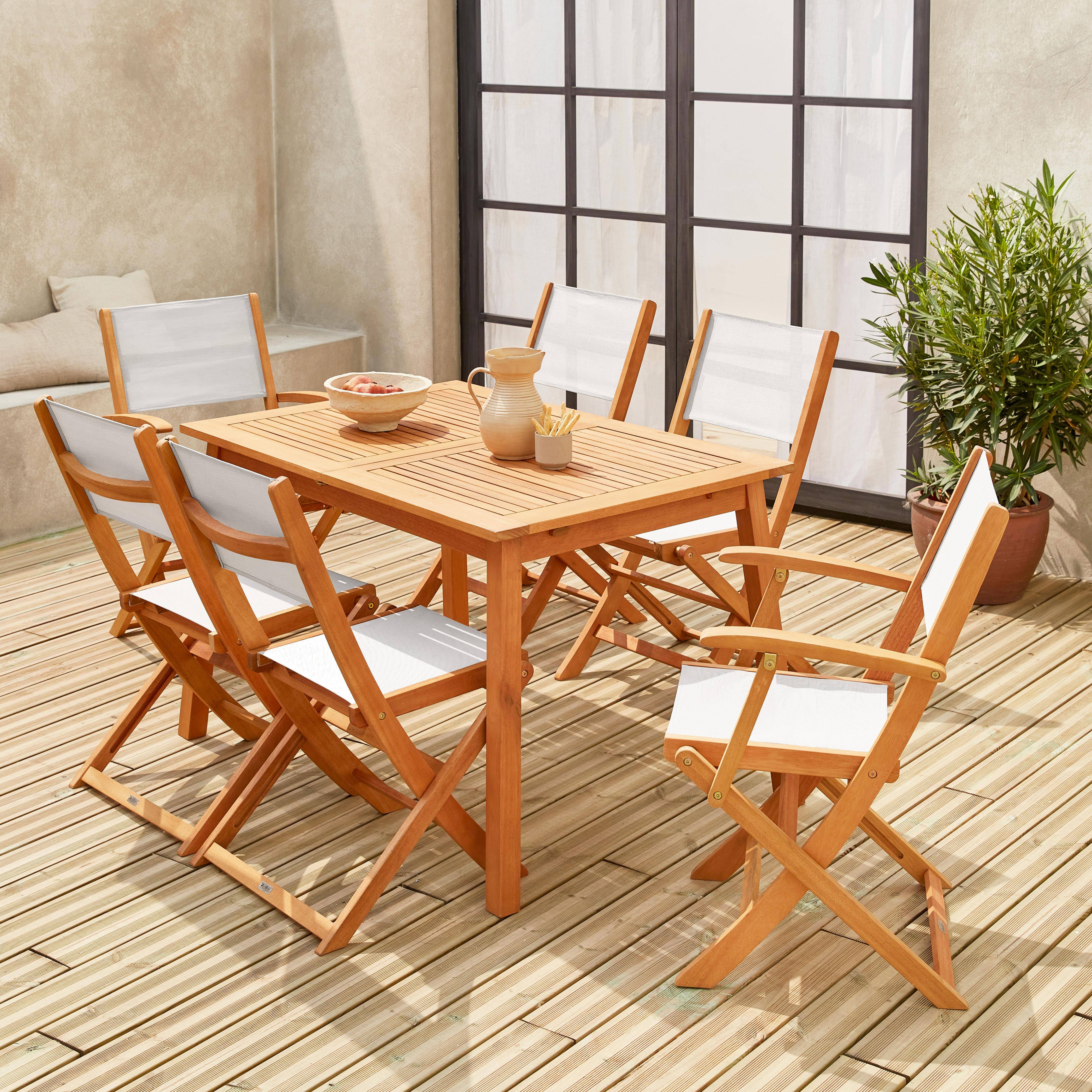 Salon de jardin en bois extensible - Almeria - Table 120/180cm avec rallonge, 2 fauteuils et 4 chaises, en bois d'Eucalyptus FSC huilé et textilène blanc Photo2