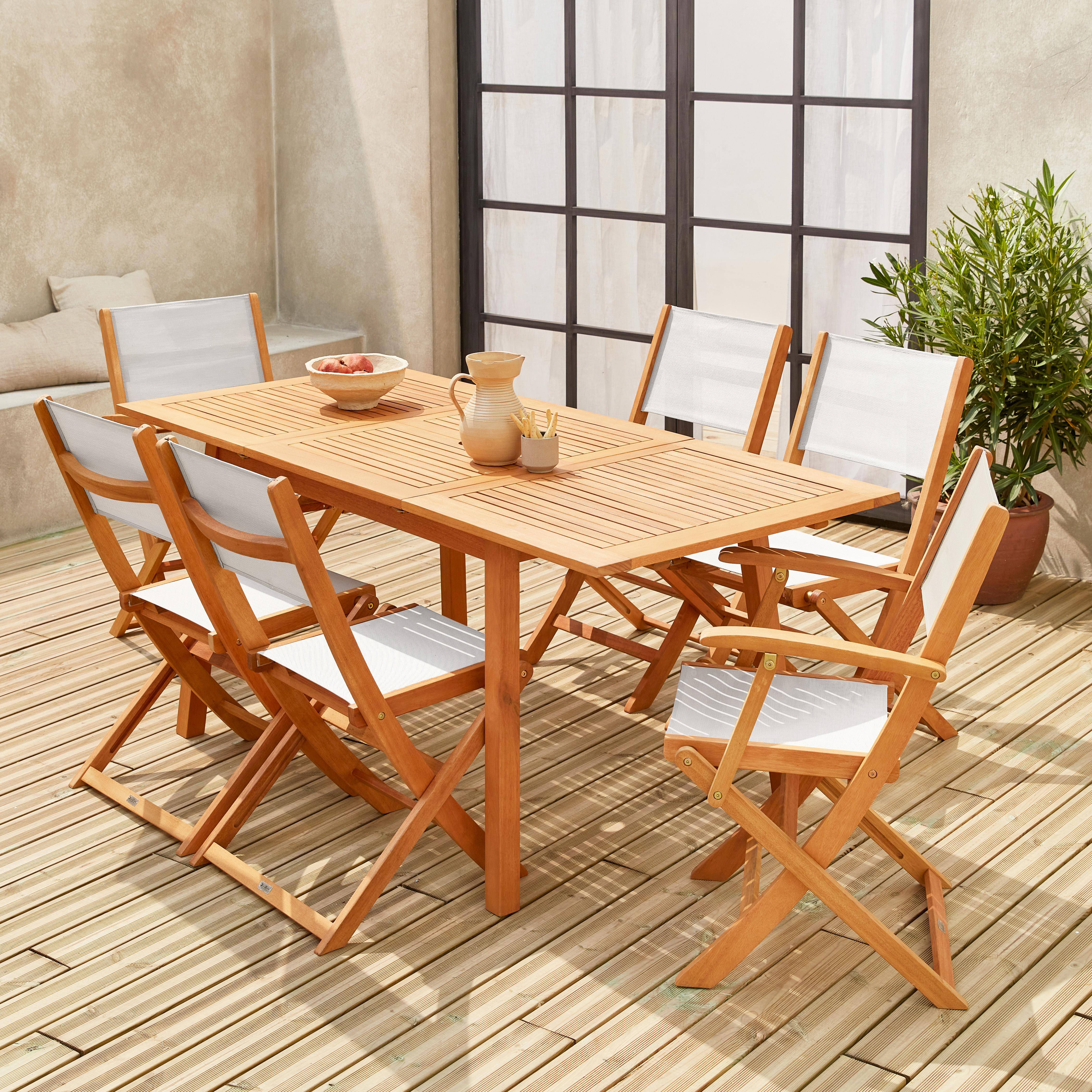 Ausziehbare Gartenmöbel aus Holz - Almeria - Tisch 120/180 cm mit Verlängerung, 2 Sesseln und 4 Stühlen aus geöltem FSC-Eukalyptusholz und weißes Textilene Photo1