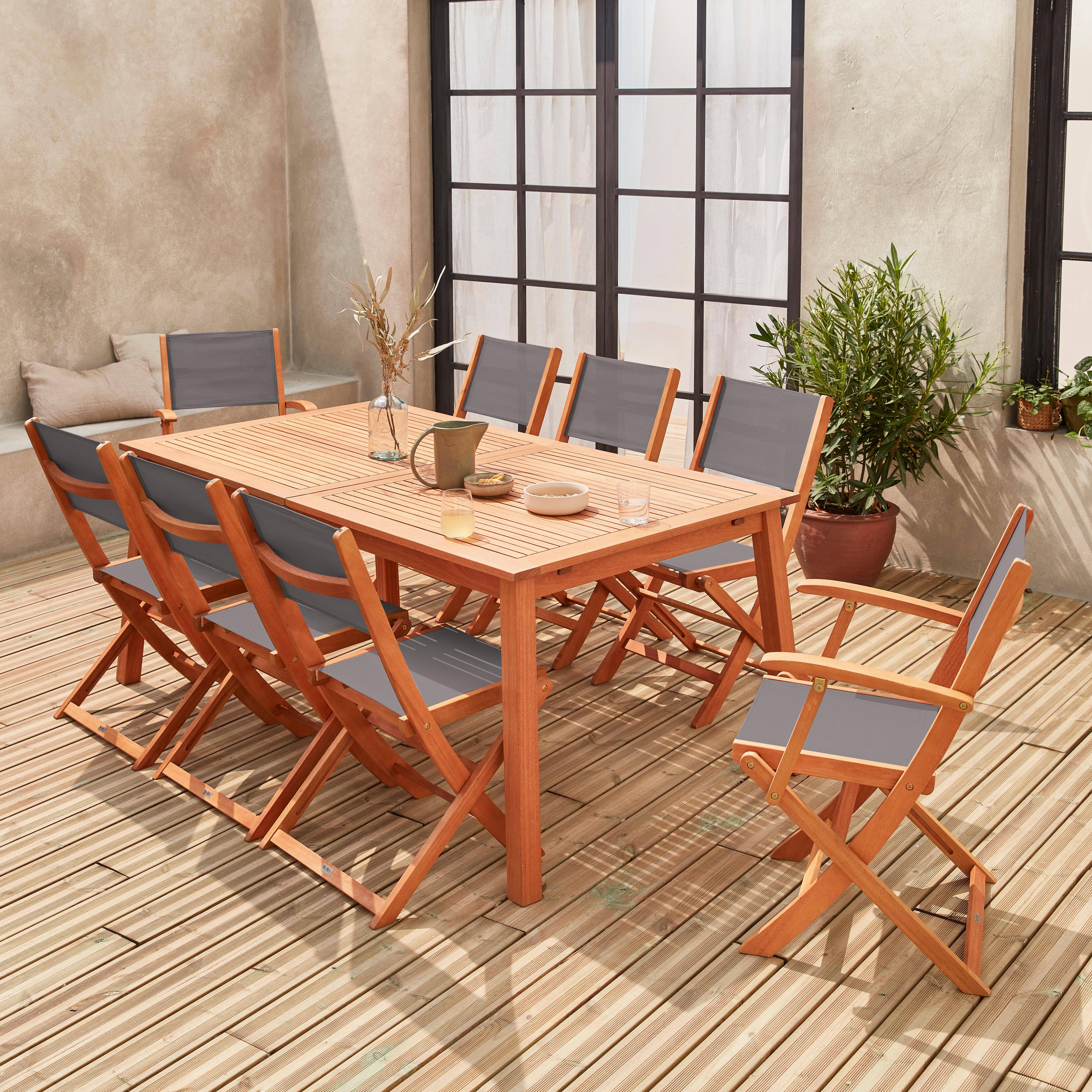 Ausziehbare Gartengarnitur aus Holz - Almeria - Großer Tisch 180/240 cm mit Verlängerung, 2 Sesseln und 6 Stühlen aus geöltem FSC-Eukalyptusholz und anthrazitfarbenem Textilene Photo2