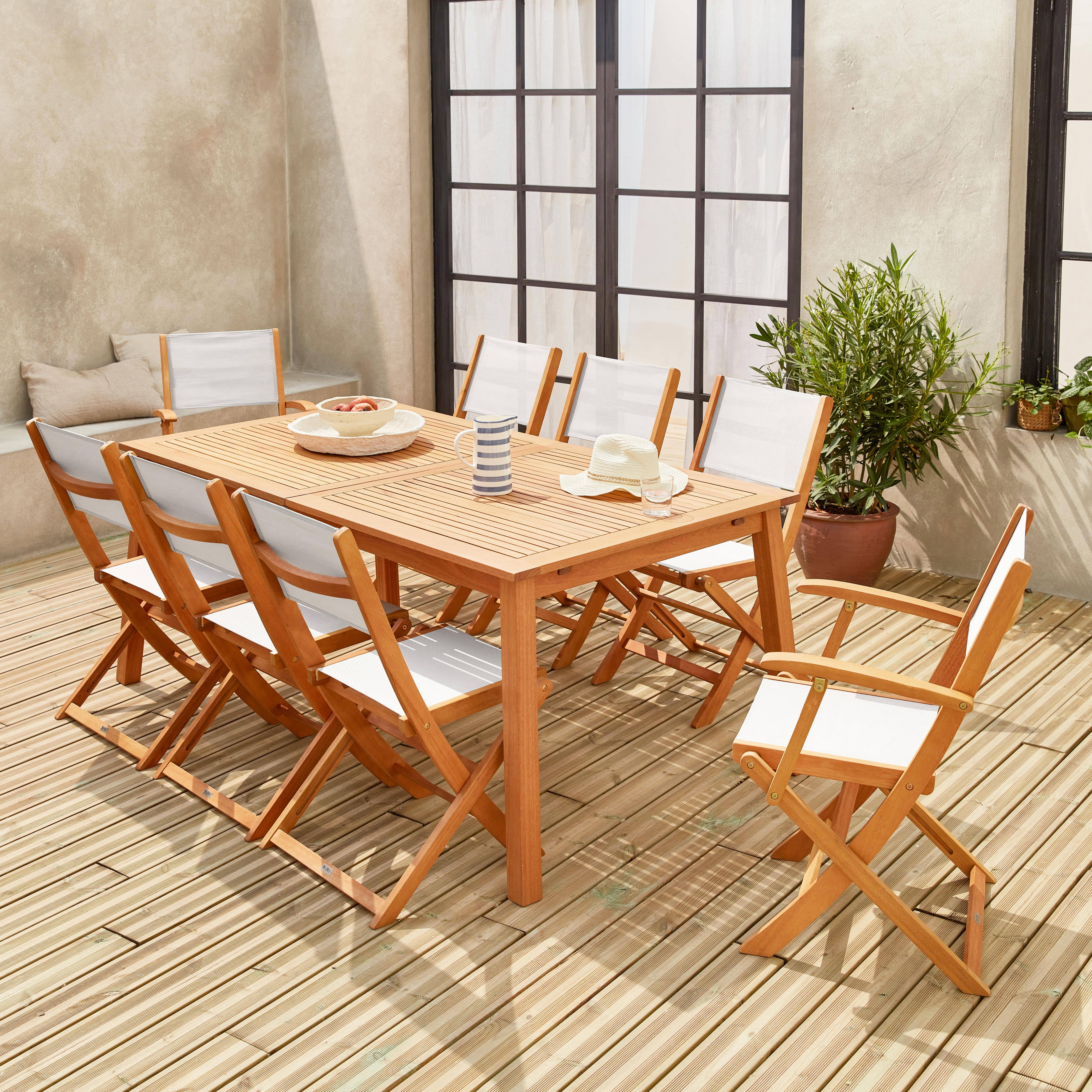 Ausziehbare Gartengarnitur aus Holz - Almeria - Großer Tisch 180/240 cm mit Verlängerung, 2 Sesseln und 6 Stühlen aus geöltem FSC-Eukalyptusholz und weißem Textilene Photo2