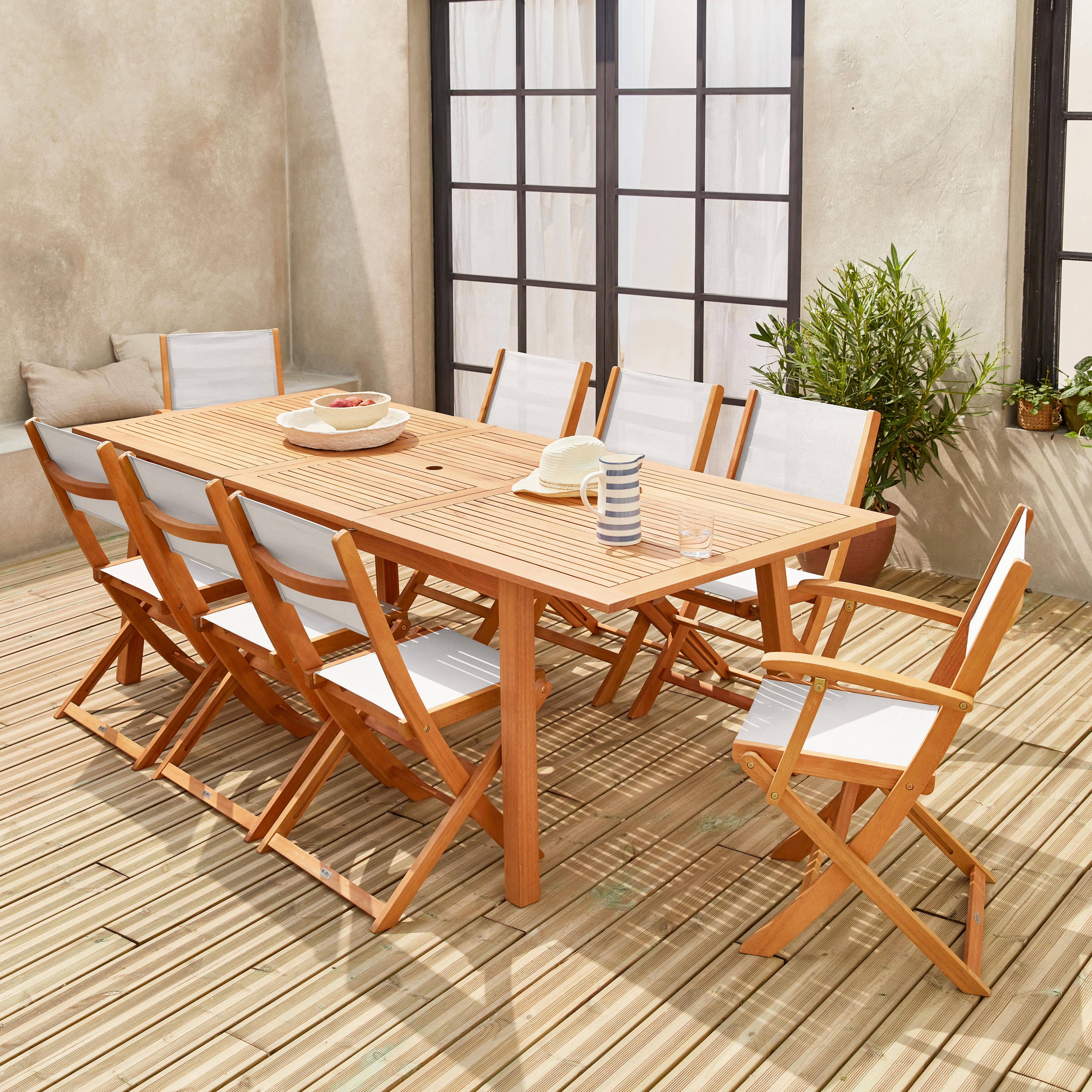 Ausziehbare Gartengarnitur aus Holz - Almeria - Großer Tisch 180/240 cm mit Verlängerung, 2 Sesseln und 6 Stühlen aus geöltem FSC-Eukalyptusholz und weißem Textilene Photo1