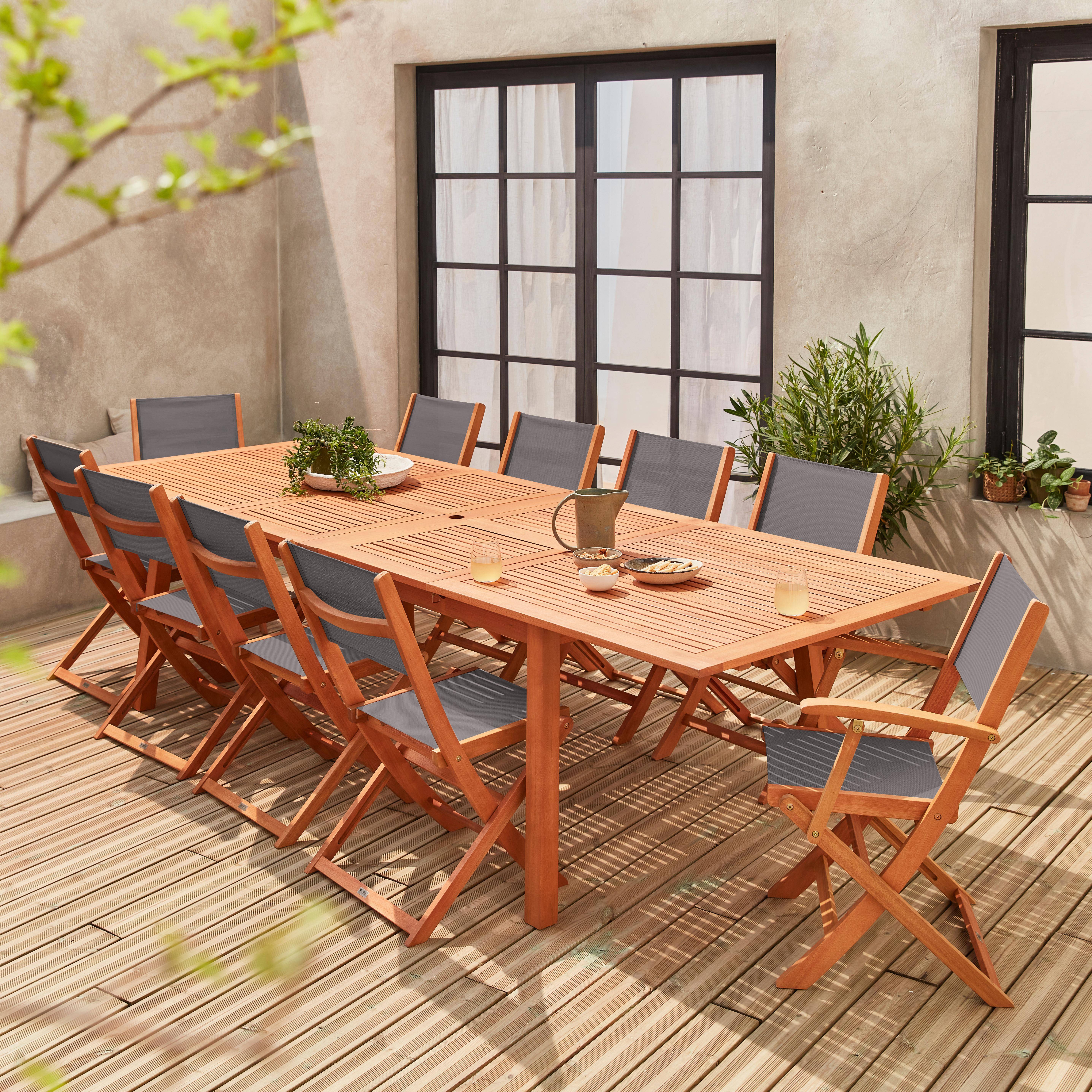 Conjunto de mesa e cadeiras de jardim em madeira e textileno, antracite, 10 lugares, eucalipto, extensível, 200/250/300 cm Photo1