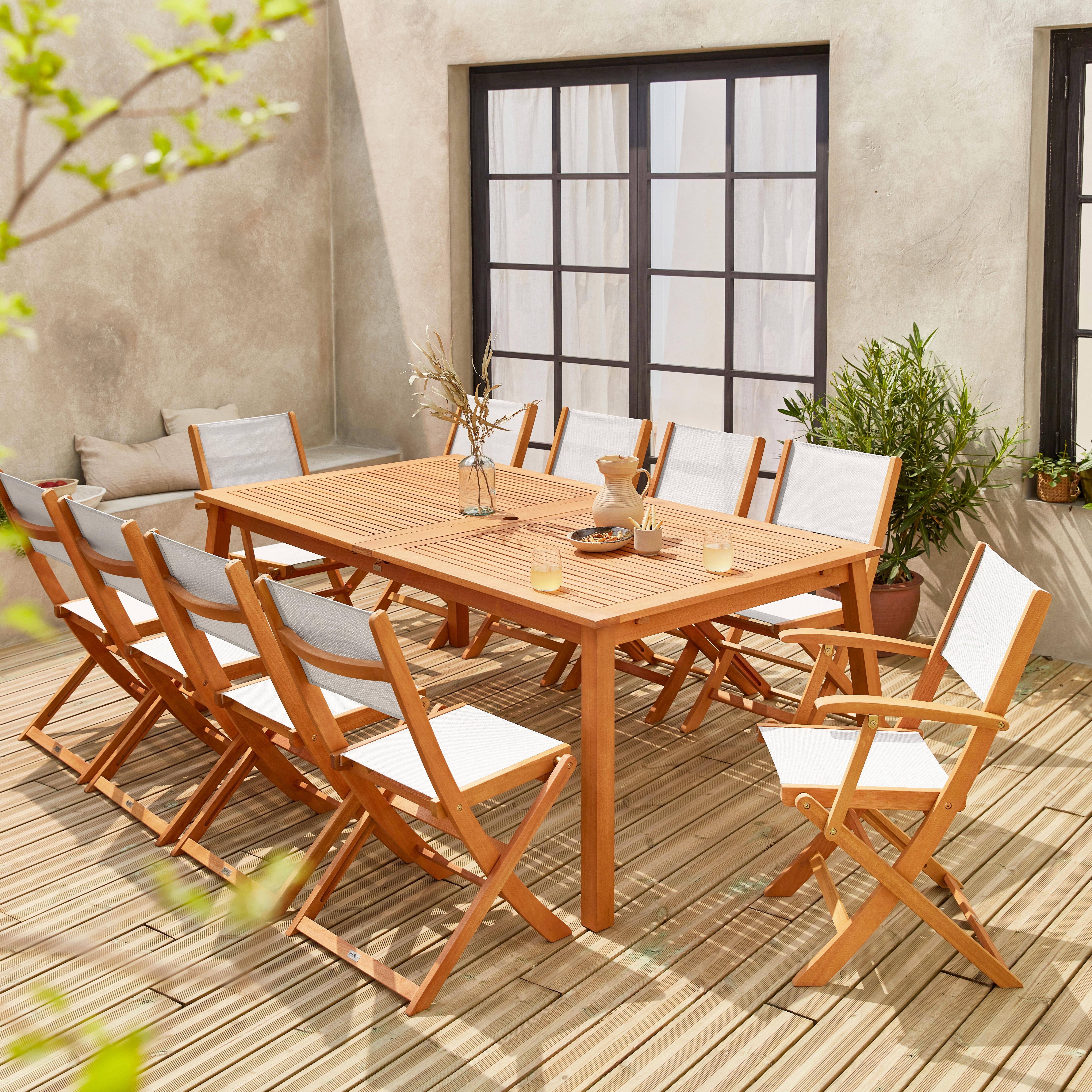 Salon de jardin en bois extensible - Almeria - Grande table 200/250/300cm avec 2 rallonges, 2 fauteuils et 8 chaises, en bois d'Eucalyptus FSC huilé et textilène blanc Photo1