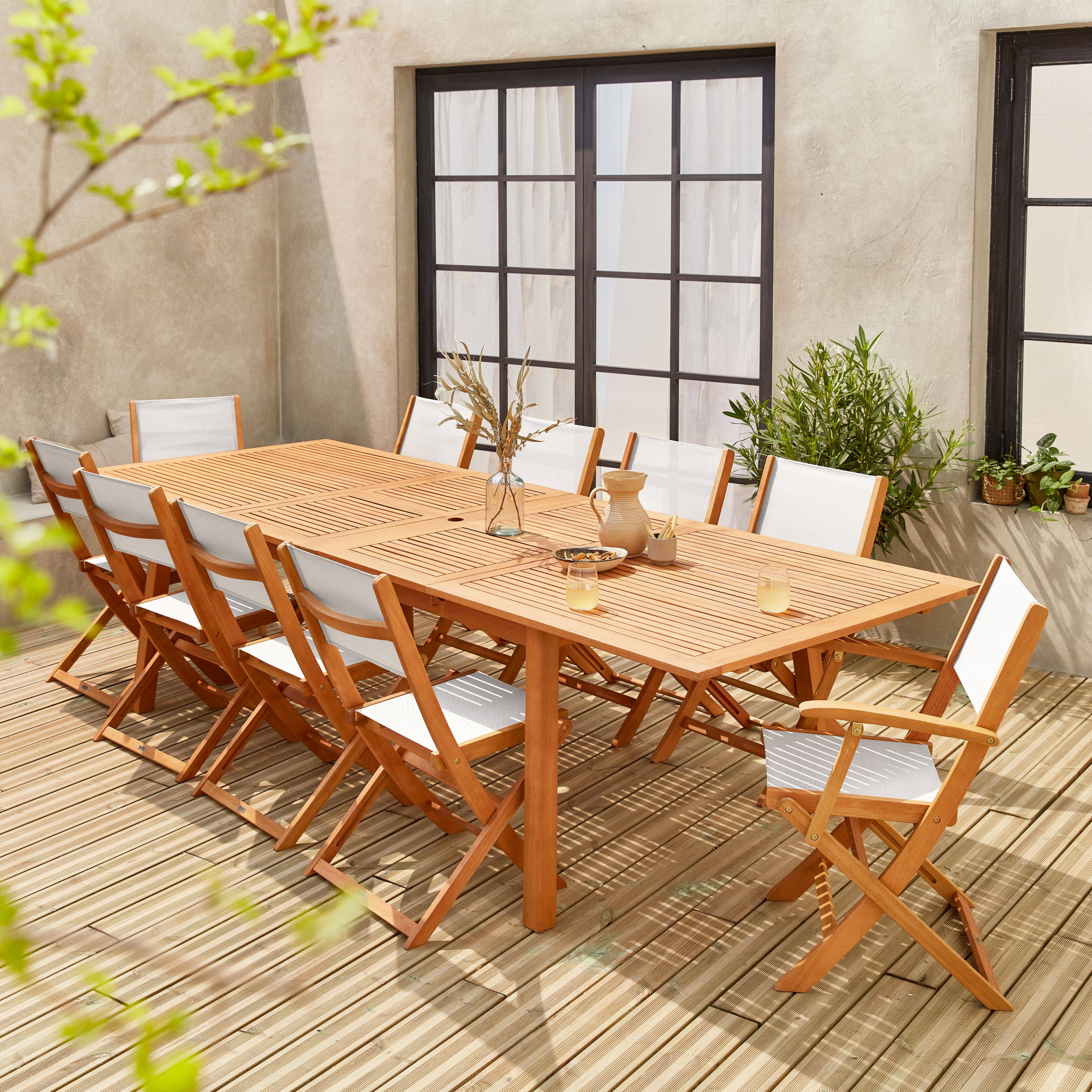 Salon de jardin en bois extensible - Almeria - Grande table 200/250/300cm avec 2 rallonges, 2 fauteuils et 8 chaises, en bois d'Eucalyptus FSC huilé et textilène blanc Photo2