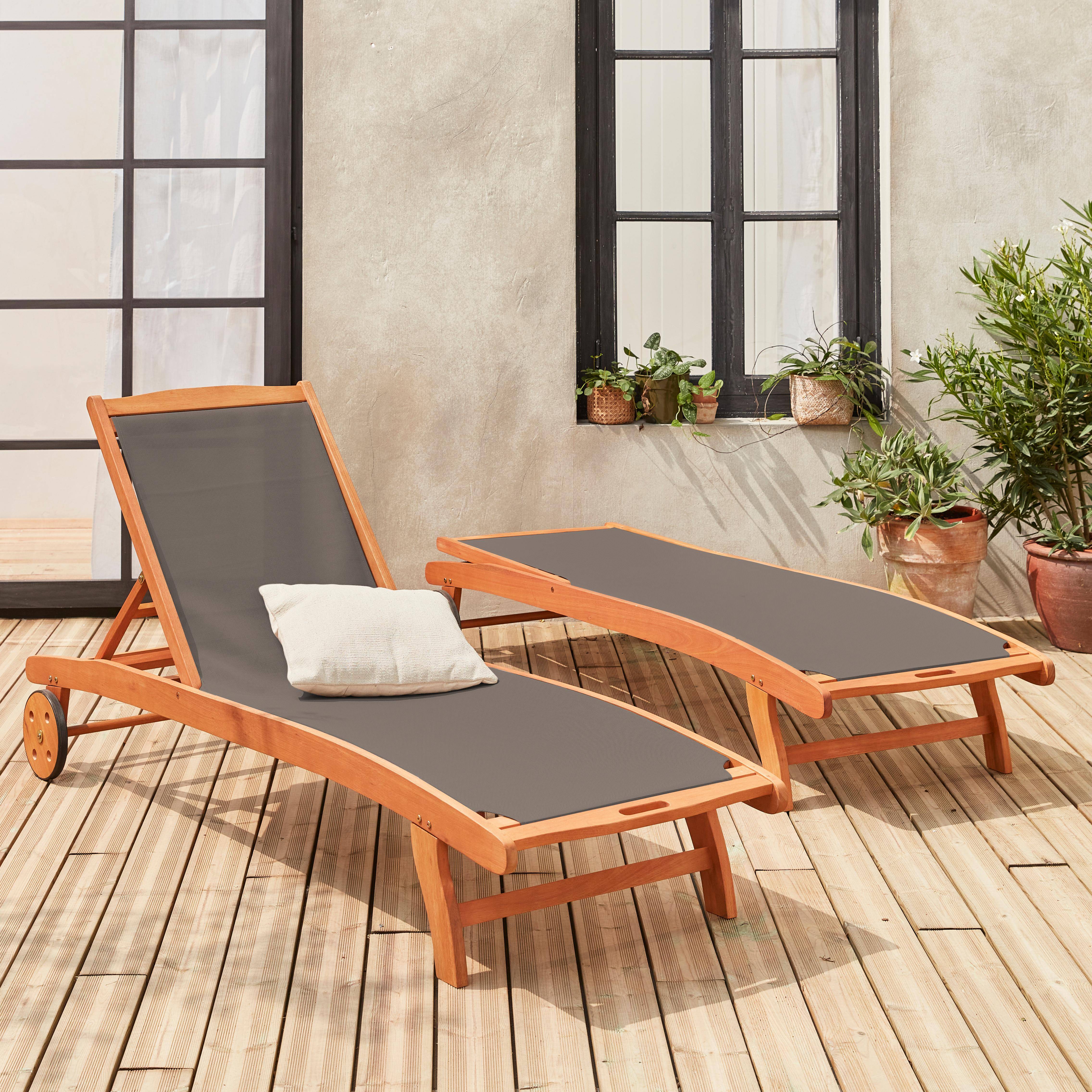 2er Set Holz Sonnenliegen - Marbella Anthrazit  - 2 Liegestühle aus geöltem FSC-Eukalyptusholz und Textilene in Anthrazit Photo2