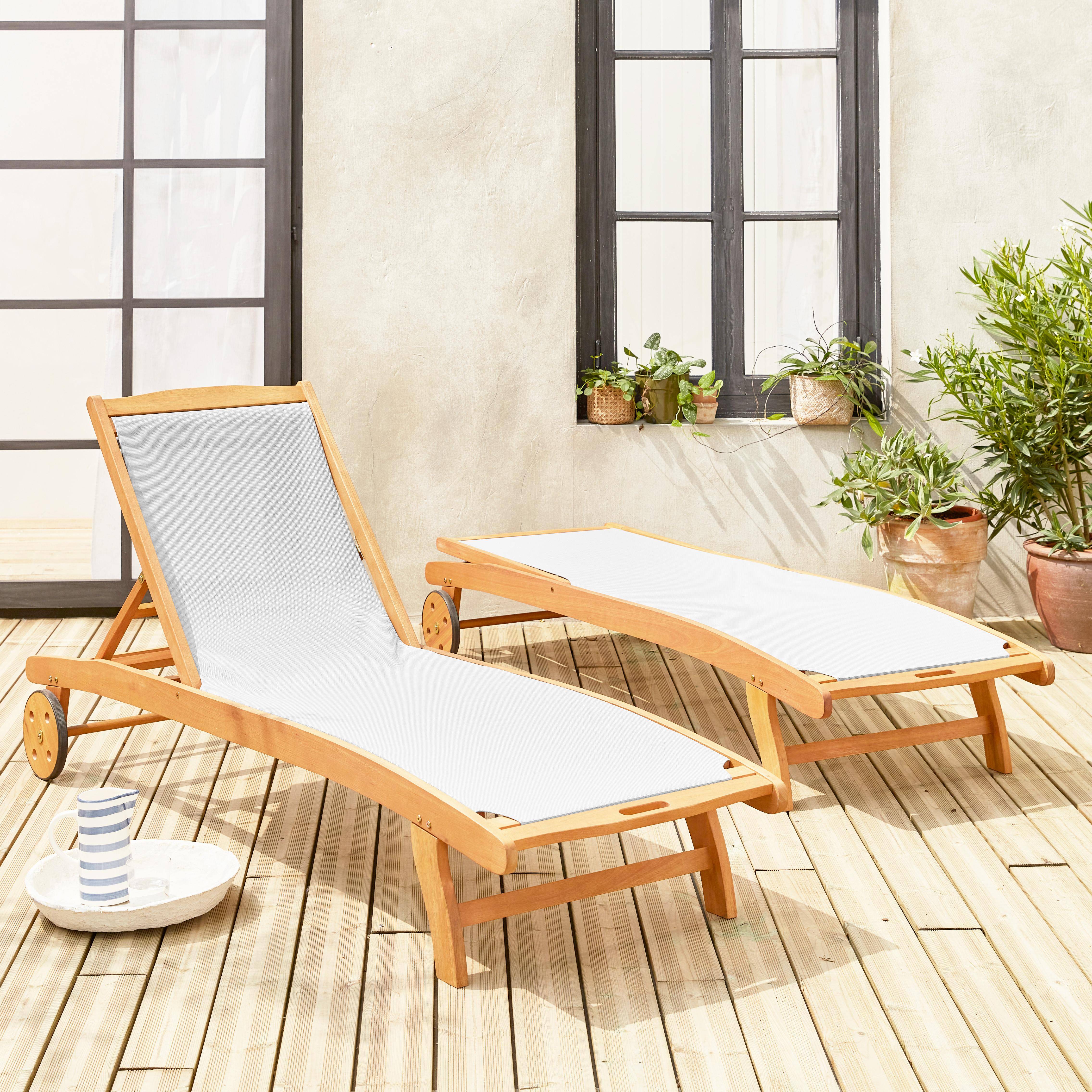 2er Set Holz Sonnenliegen - Marbella Weiß - 2 Liegestühle aus geöltem FSC-Eukalyptusholz und weißem Textilene Photo2