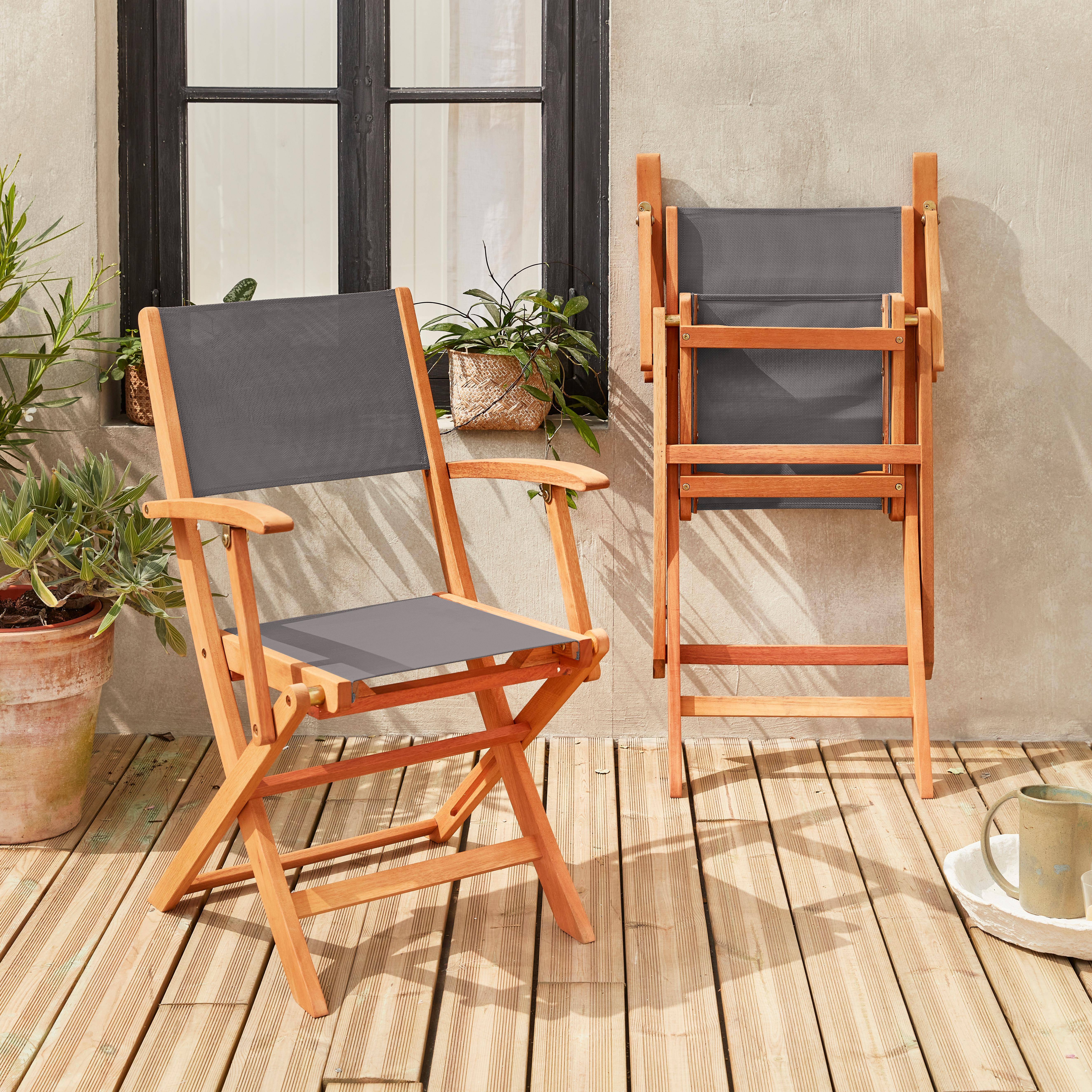 Fauteuils de jardin en bois et textilène - Almeria Gris anthracite - 2 fauteuils pliants en bois d'Eucalyptus FSC huilé et textilène Photo2