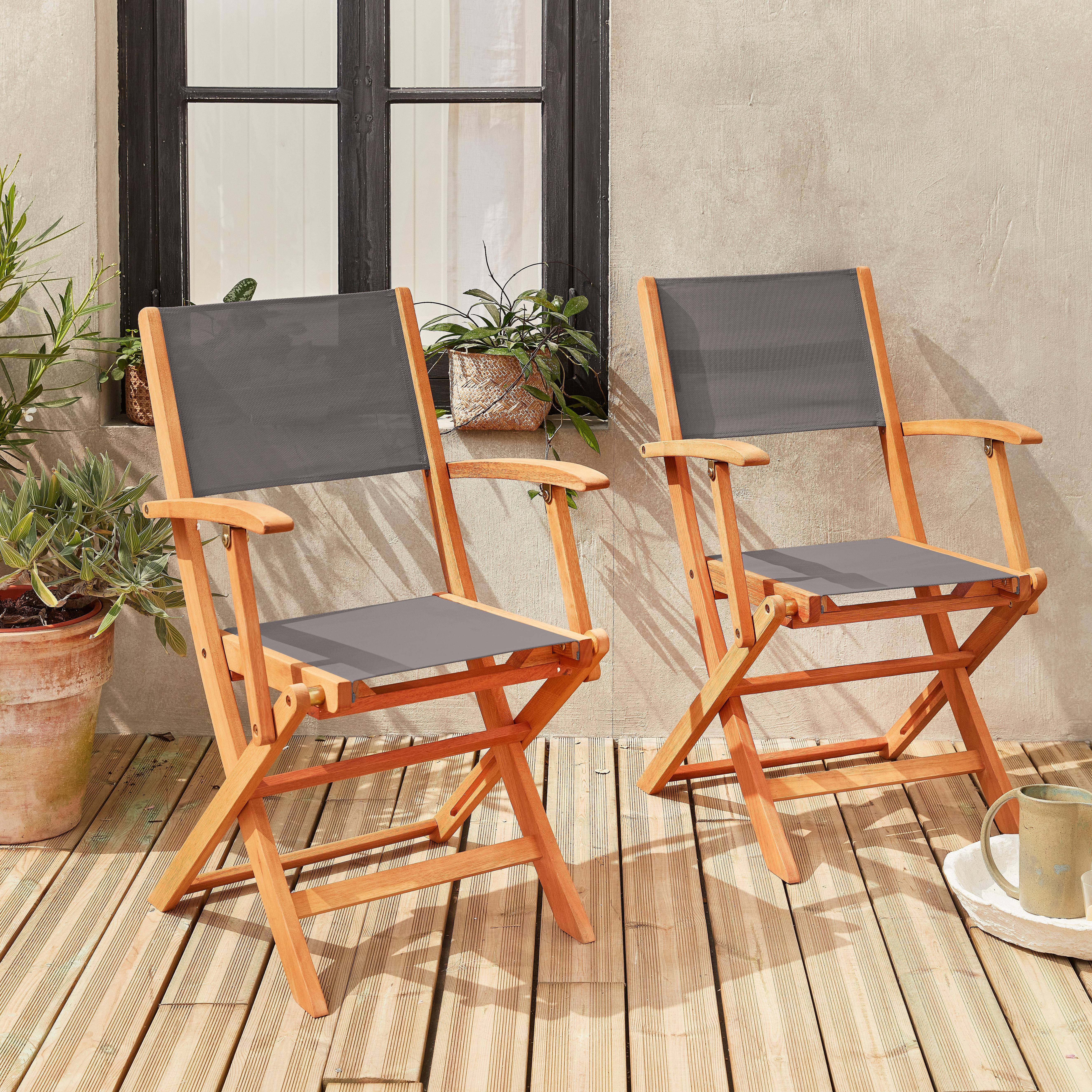 Fauteuils de jardin en bois et textilène - Almeria Gris anthracite - 2 fauteuils pliants en bois d'Eucalyptus FSC huilé et textilène Photo1