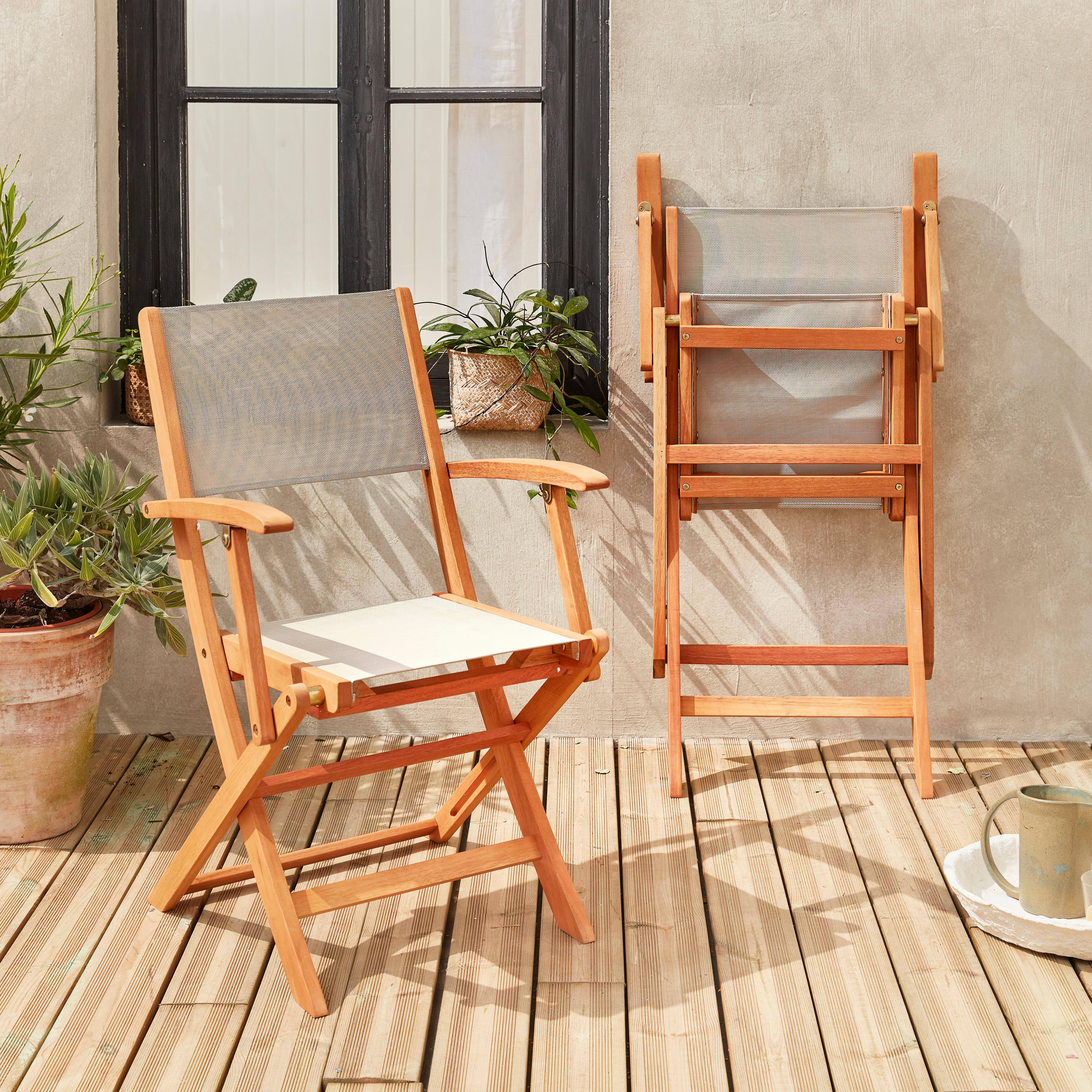 Fauteuils de jardin en bois et textilène - Almeria Gris taupe - 2 fauteuils pliants en bois d'Eucalyptus FSC huilé et textilène Photo2